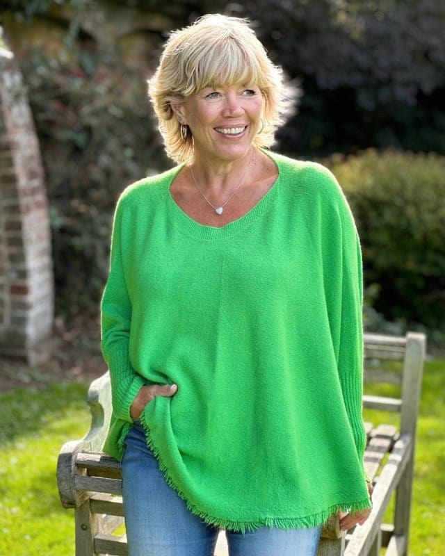 clothing Slash Neck Fringed Poncho Jumper - Apple Green