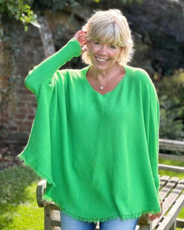 clothing Slash Neck Fringed Poncho Jumper - Apple Green