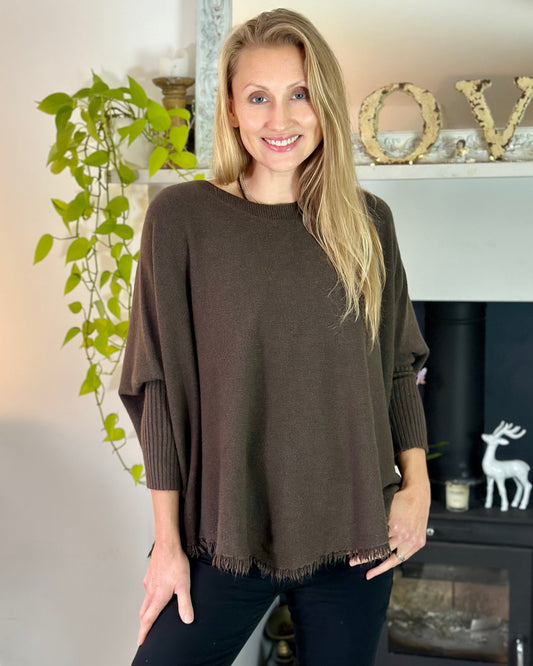 clothing Slash Neck Fringed Poncho Jumper - Brown