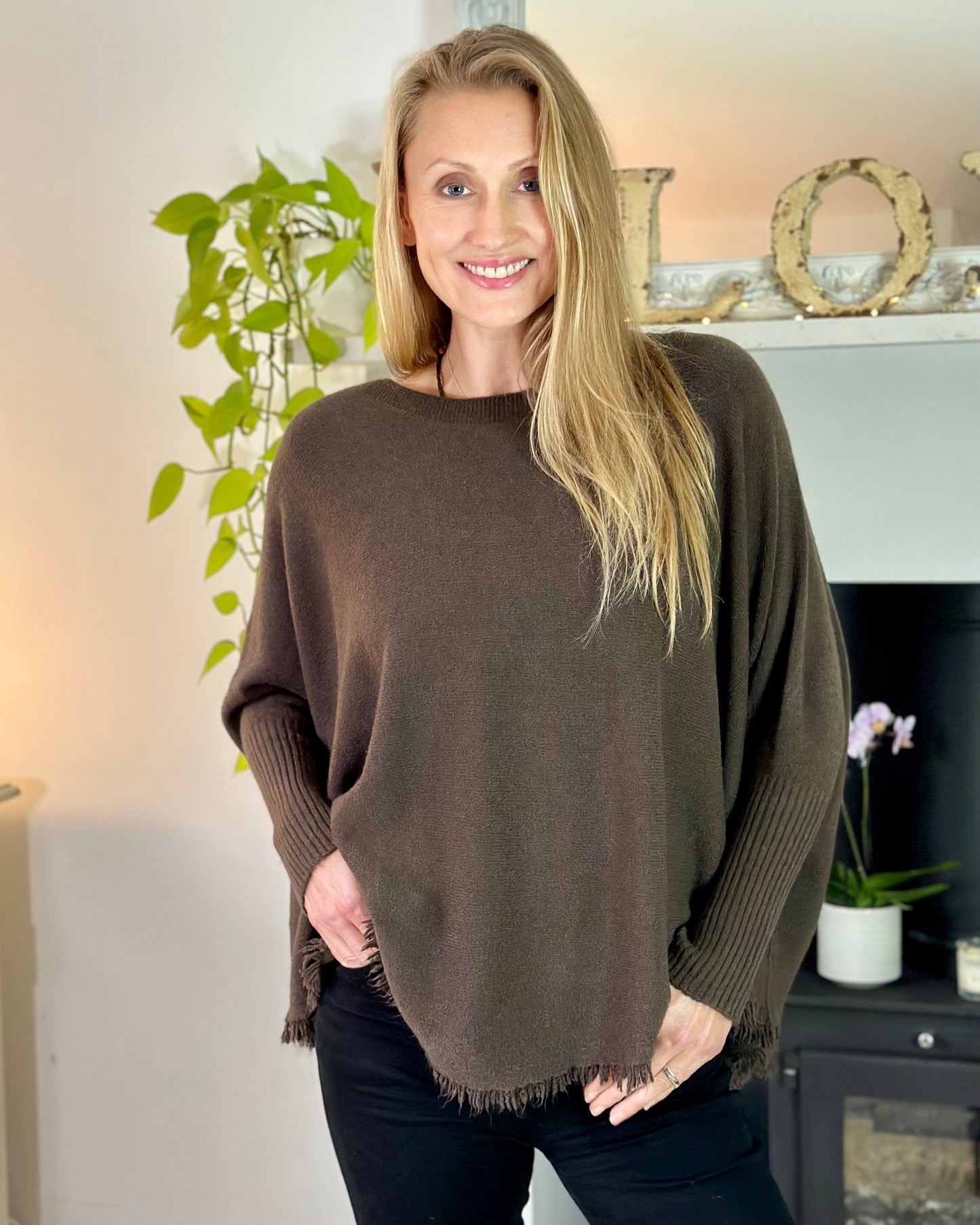 clothing Slash Neck Fringed Poncho Jumper - Brown