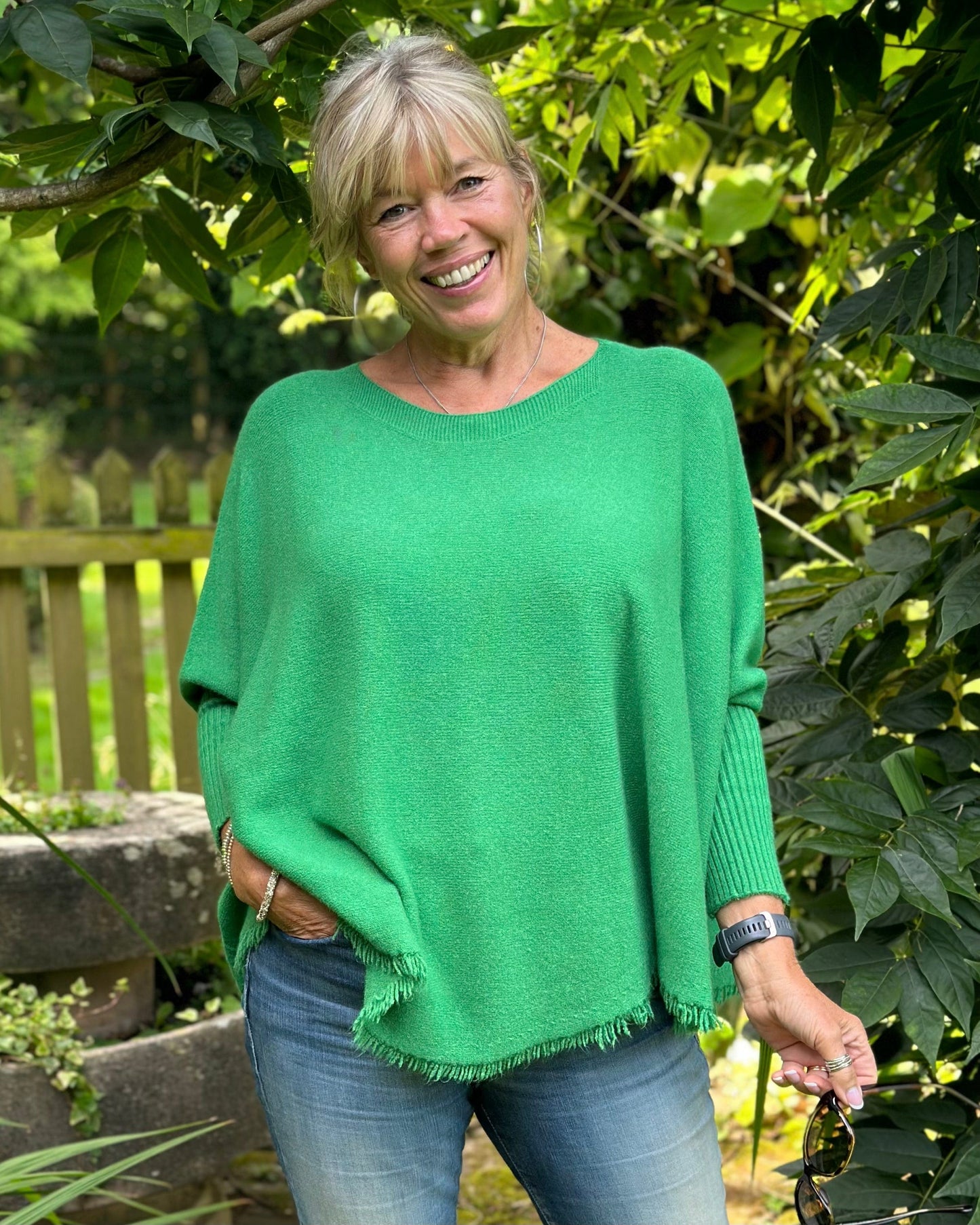 clothing Slash Neck Fringed Poncho Jumper - Green