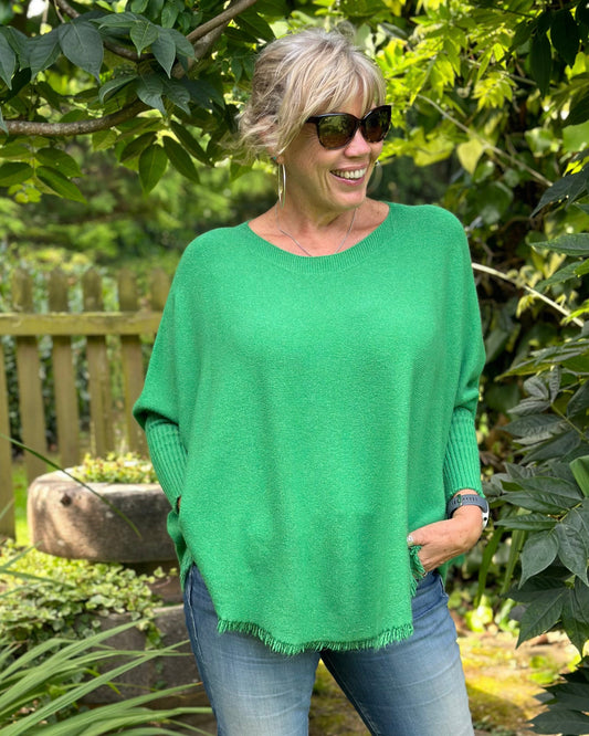 clothing Slash Neck Fringed Poncho Jumper - Green