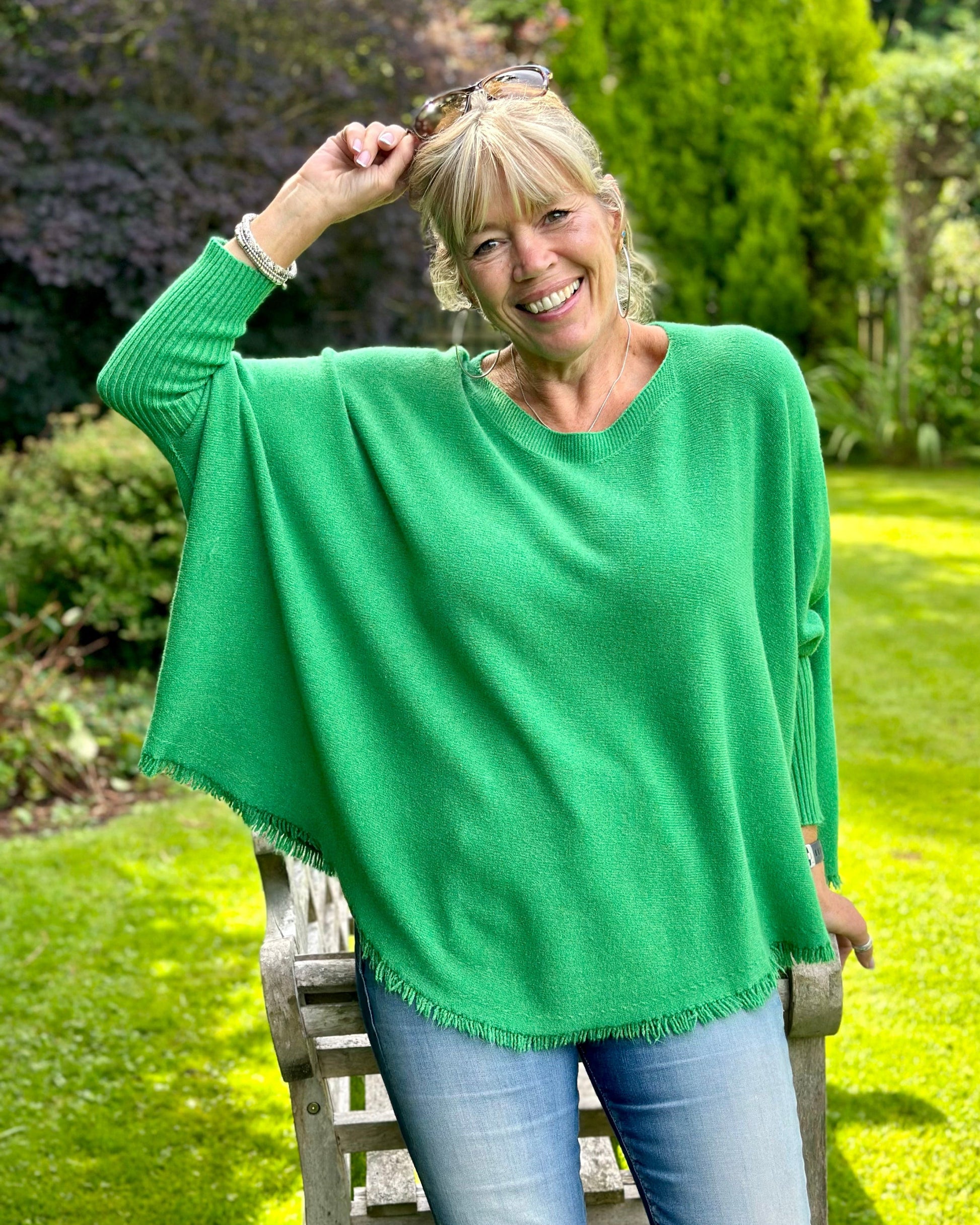Slash Neck Fringed Poncho Jumper Green LavenderLime clothing