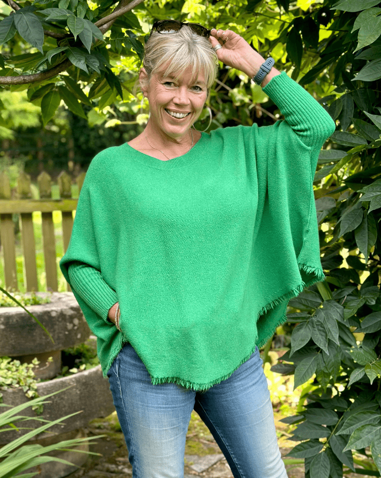 clothing Slash Neck Fringed Poncho Jumper - Green