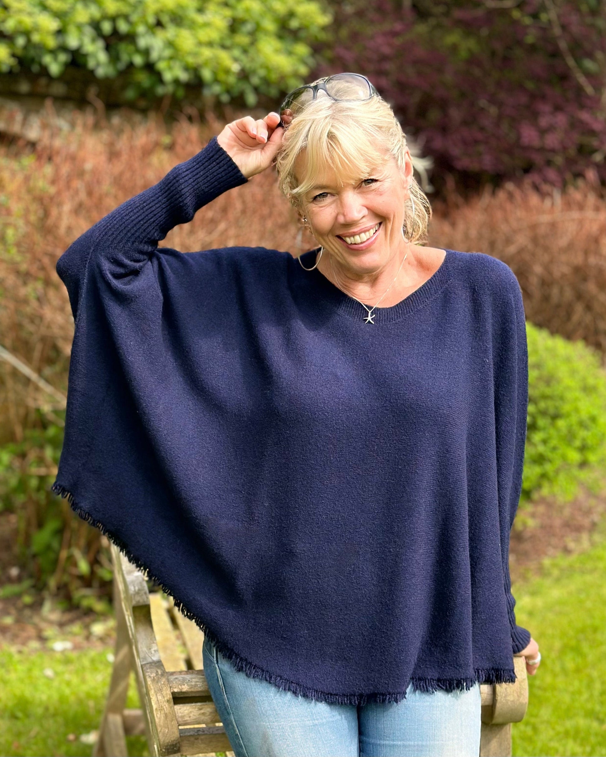 Slash Neck Fringed Poncho Jumper Navy LavenderLime clothing