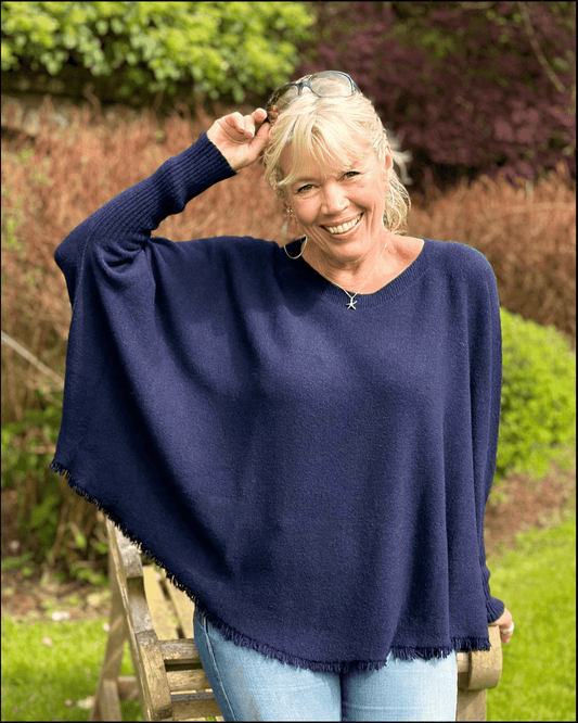 clothing Slash Neck Fringed Poncho Jumper - Navy