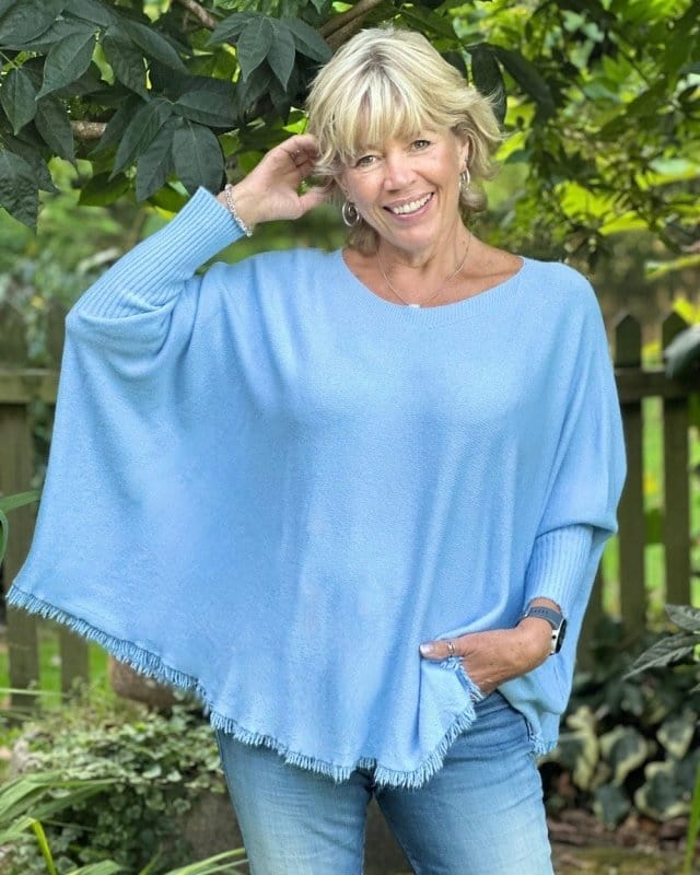 clothing Slash Neck Fringed Poncho Jumper - Pale Blue