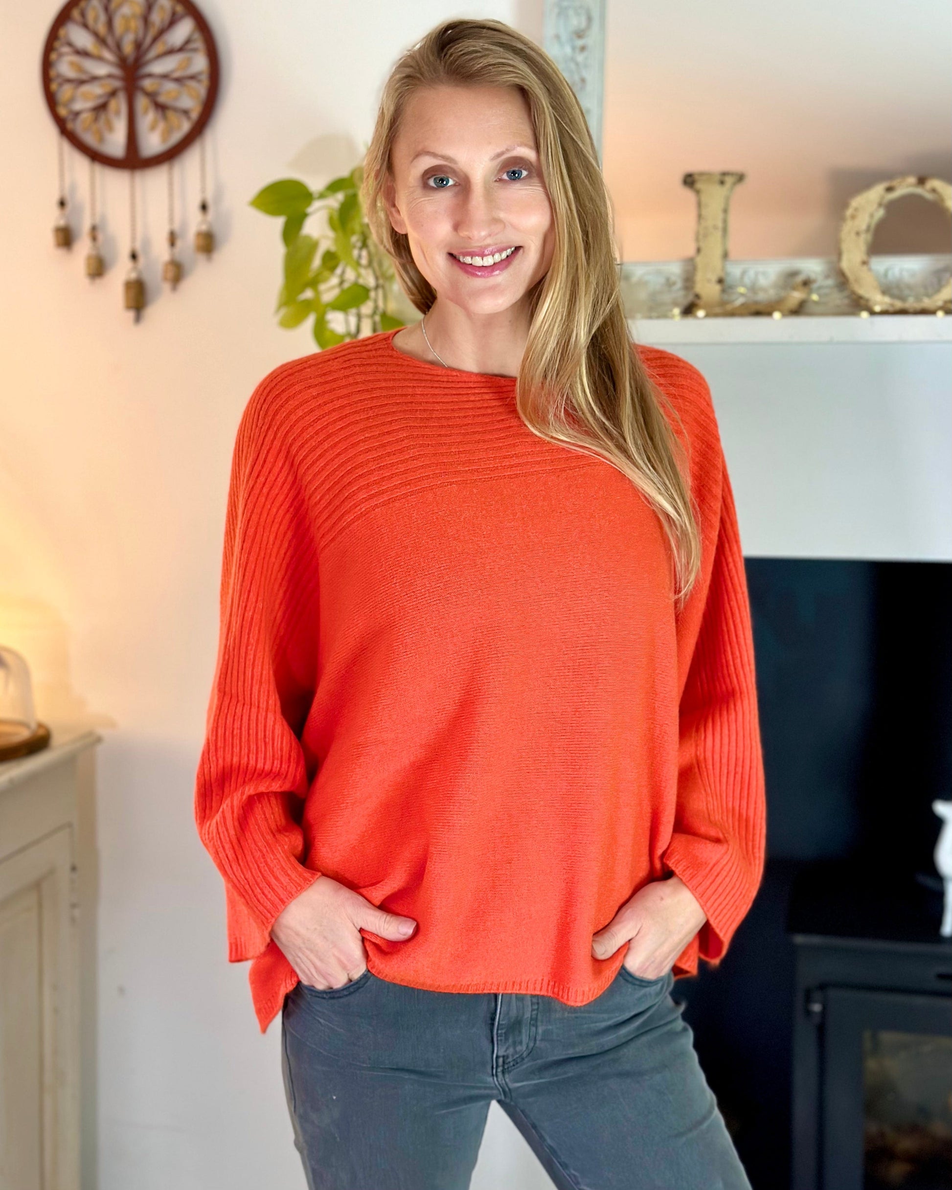 Slash Neck Ribbed Jumper Dark Orange