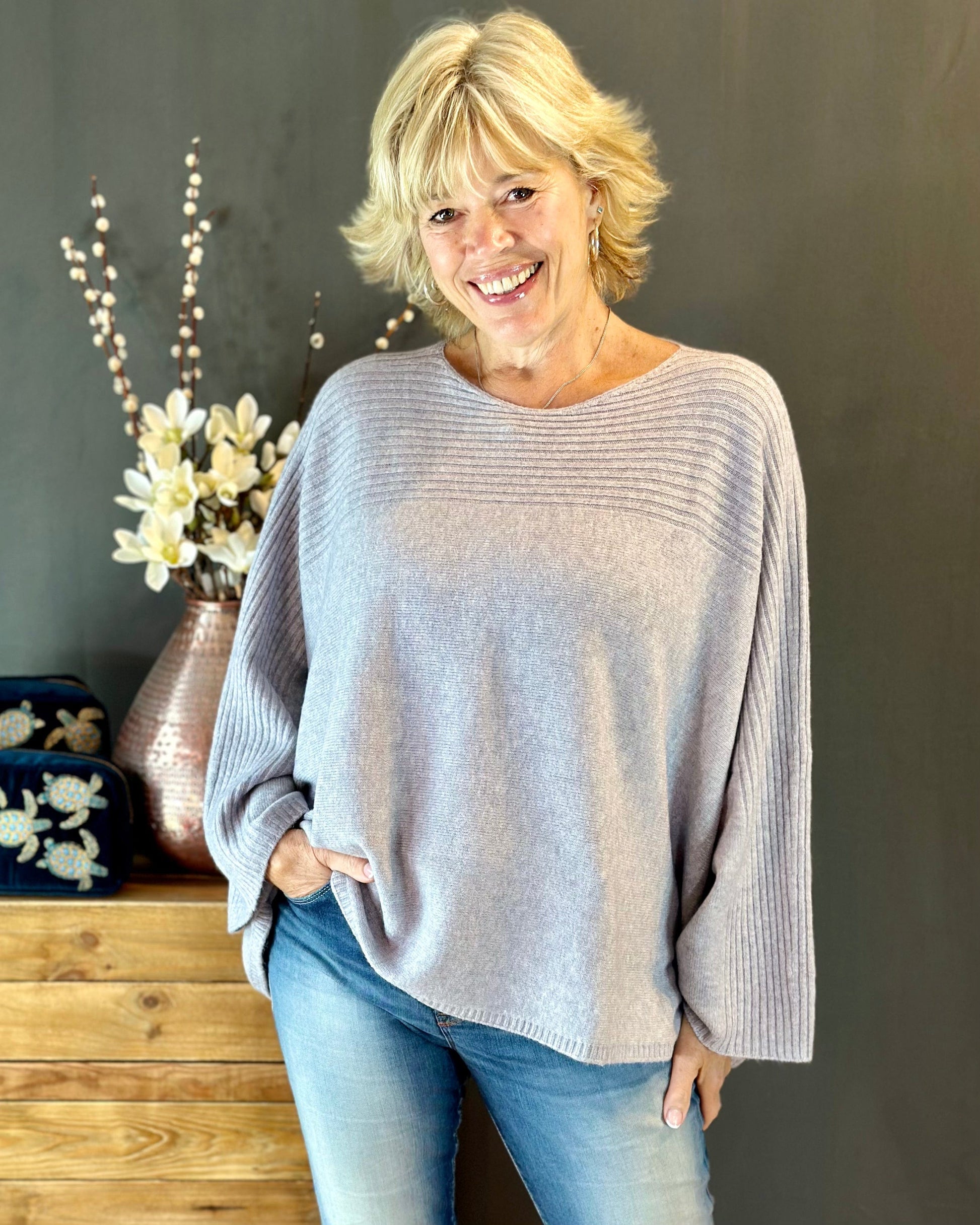 Slash Neck Ribbed Jumper Pale Grey