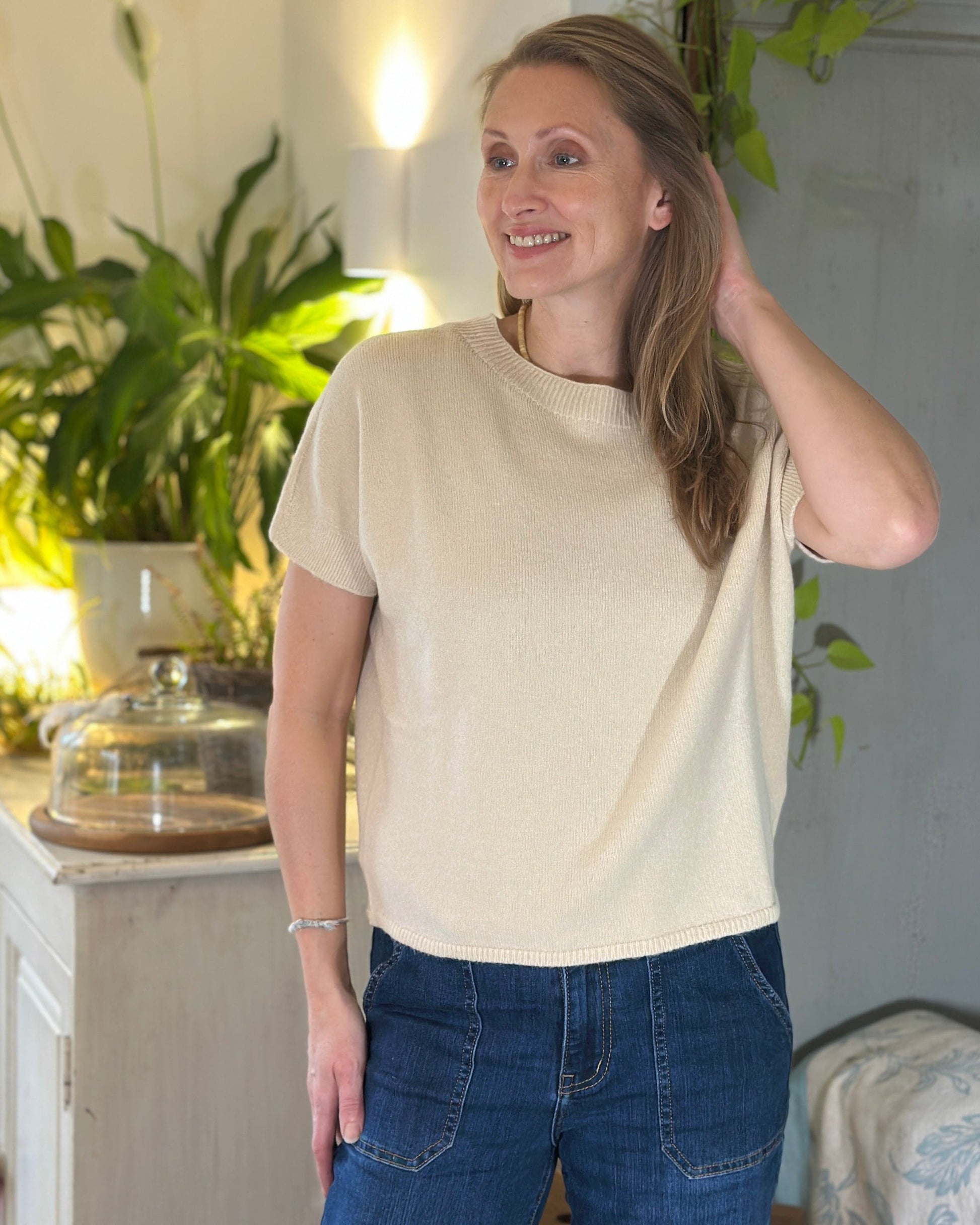 clothing Slash Neck Short Sleeve Jumper - Sand