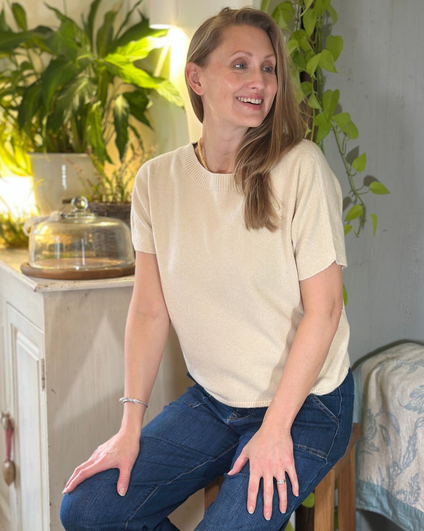 clothing Slash Neck Short Sleeve Jumper - Sand