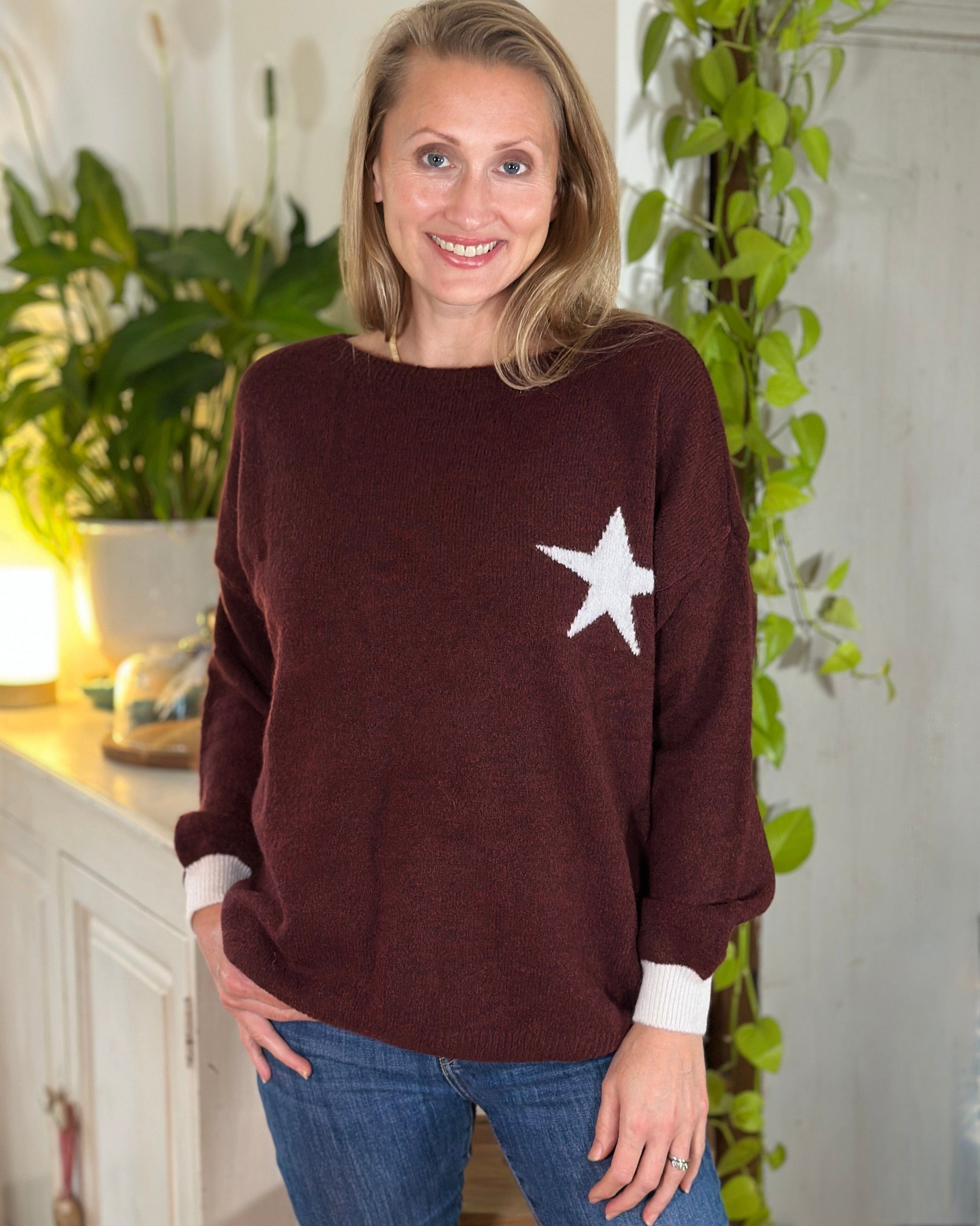 Clothing Slash Neck Star Motif Jumper - Burgundy