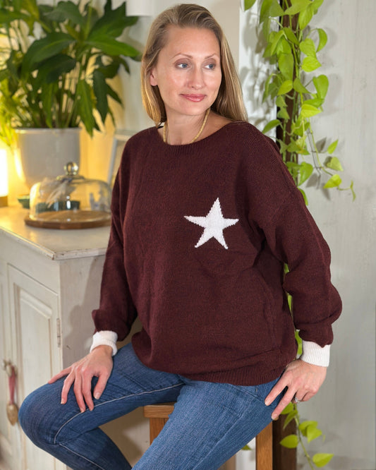 Clothing Slash Neck Star Motif Jumper - Burgundy