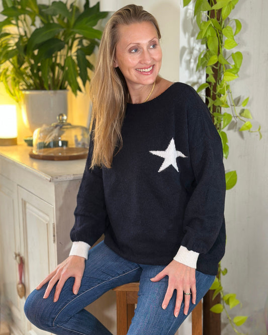Clothing Slash Neck Star Motif Jumper - Navy