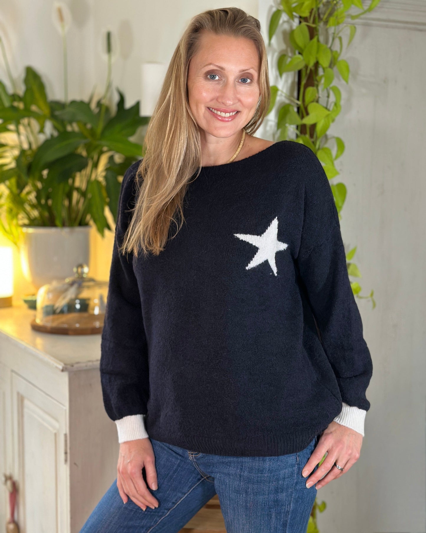 Clothing Slash Neck Star Motif Jumper - Navy