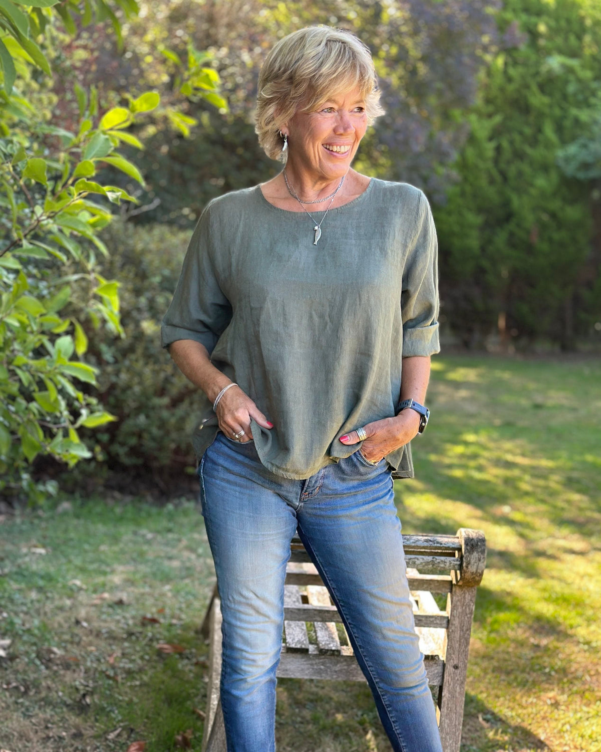 Clothing Sleeved Button Back Linen Top - Khaki