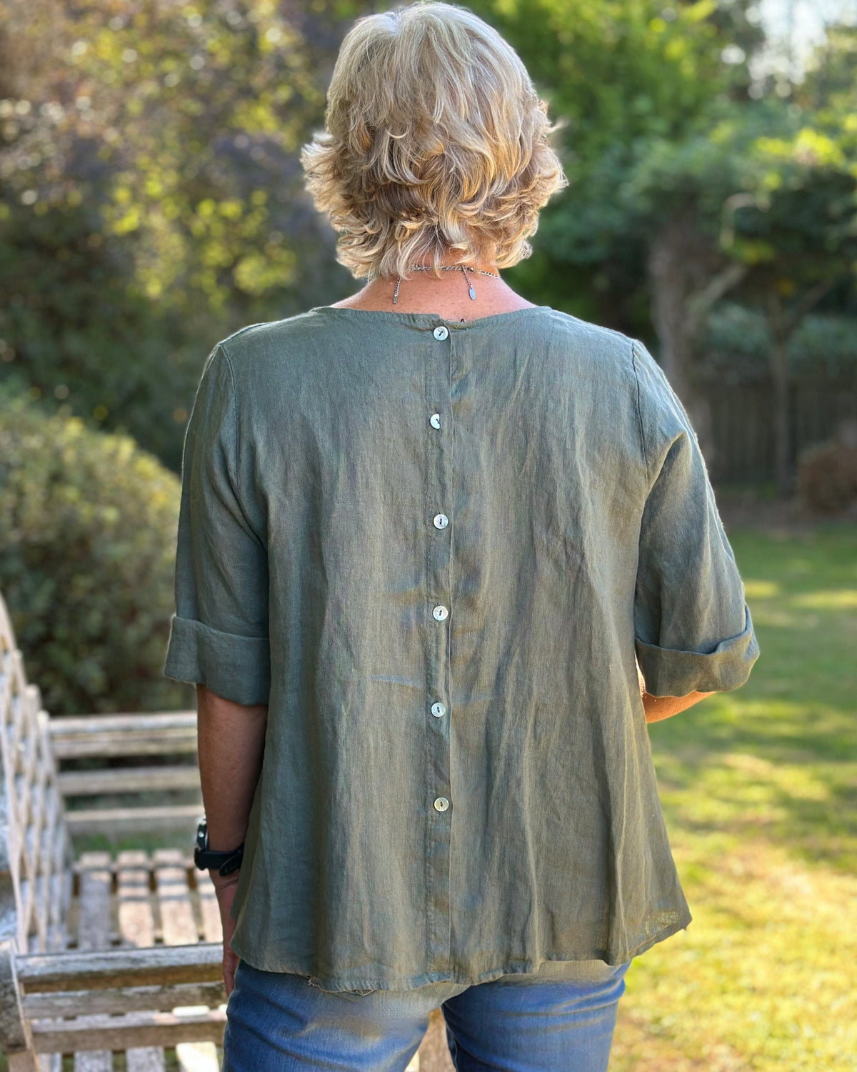 Clothing Sleeved Button Back Linen Top - Khaki