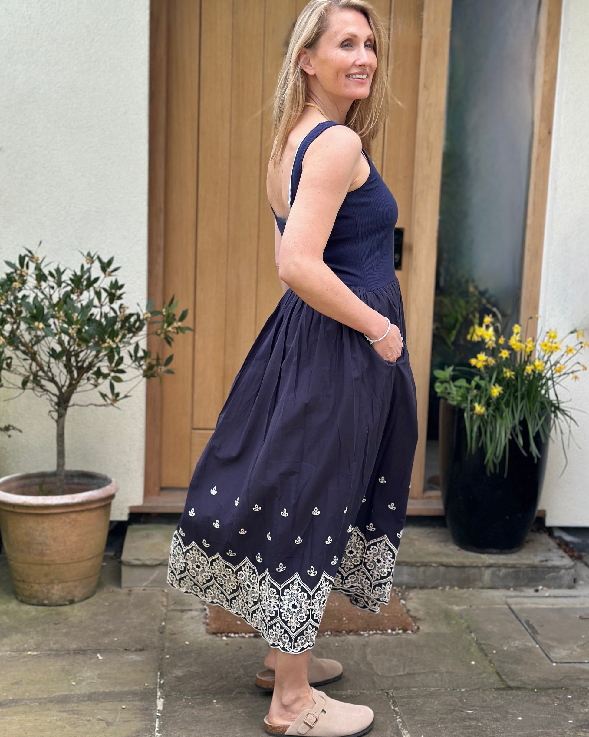 Clothing Sleeveless Jersey Bodice Embroidered Dress - Navy