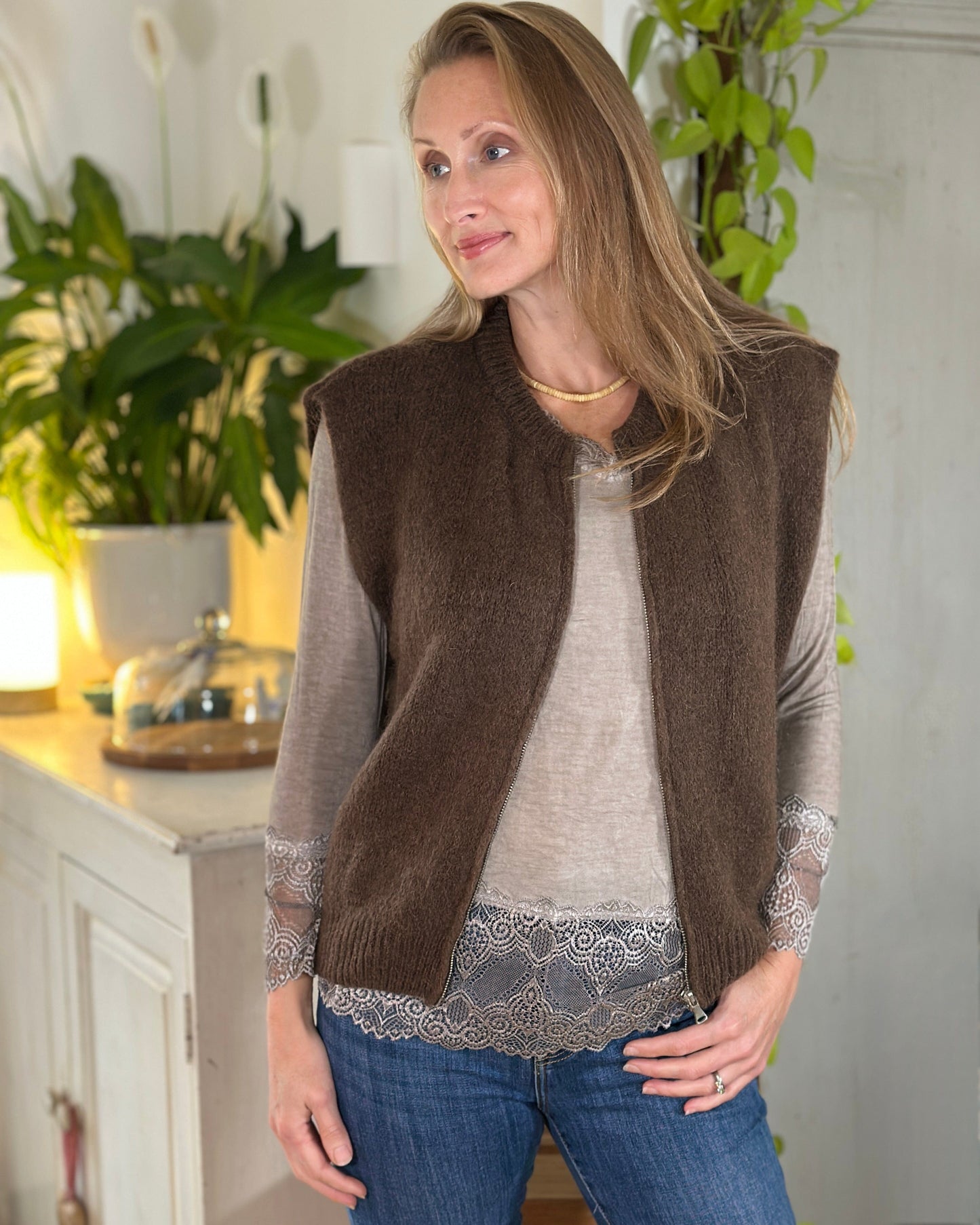 clothing Sleeveless Mohair Zip-Up Sleeveless Cardigan - Chocolate