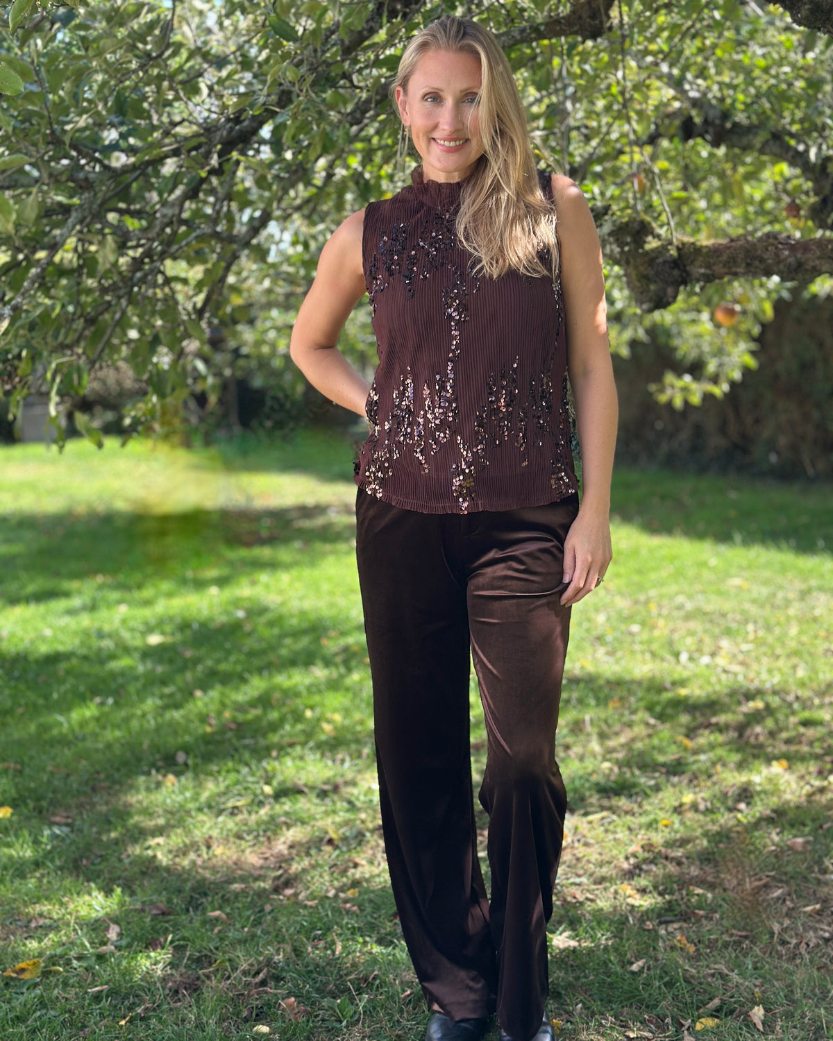 Clothing Sleeveless Sequin and Lace Top - Chocolate