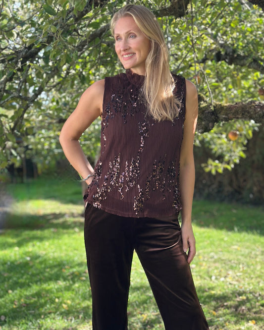 Clothing Sleeveless Sequin and Lace Top - Chocolate