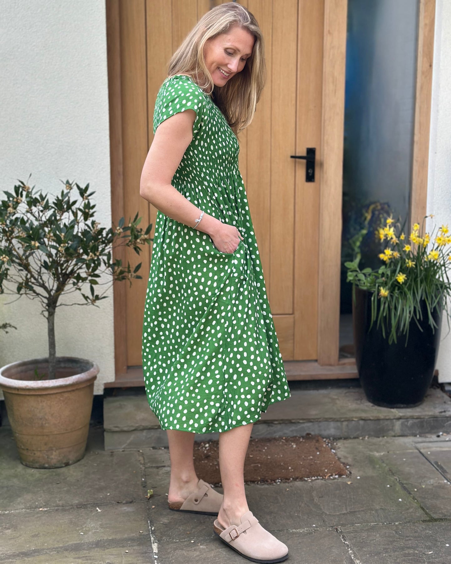 Clothing Smudge Spot Short Sleeve Shirring Dress - Green