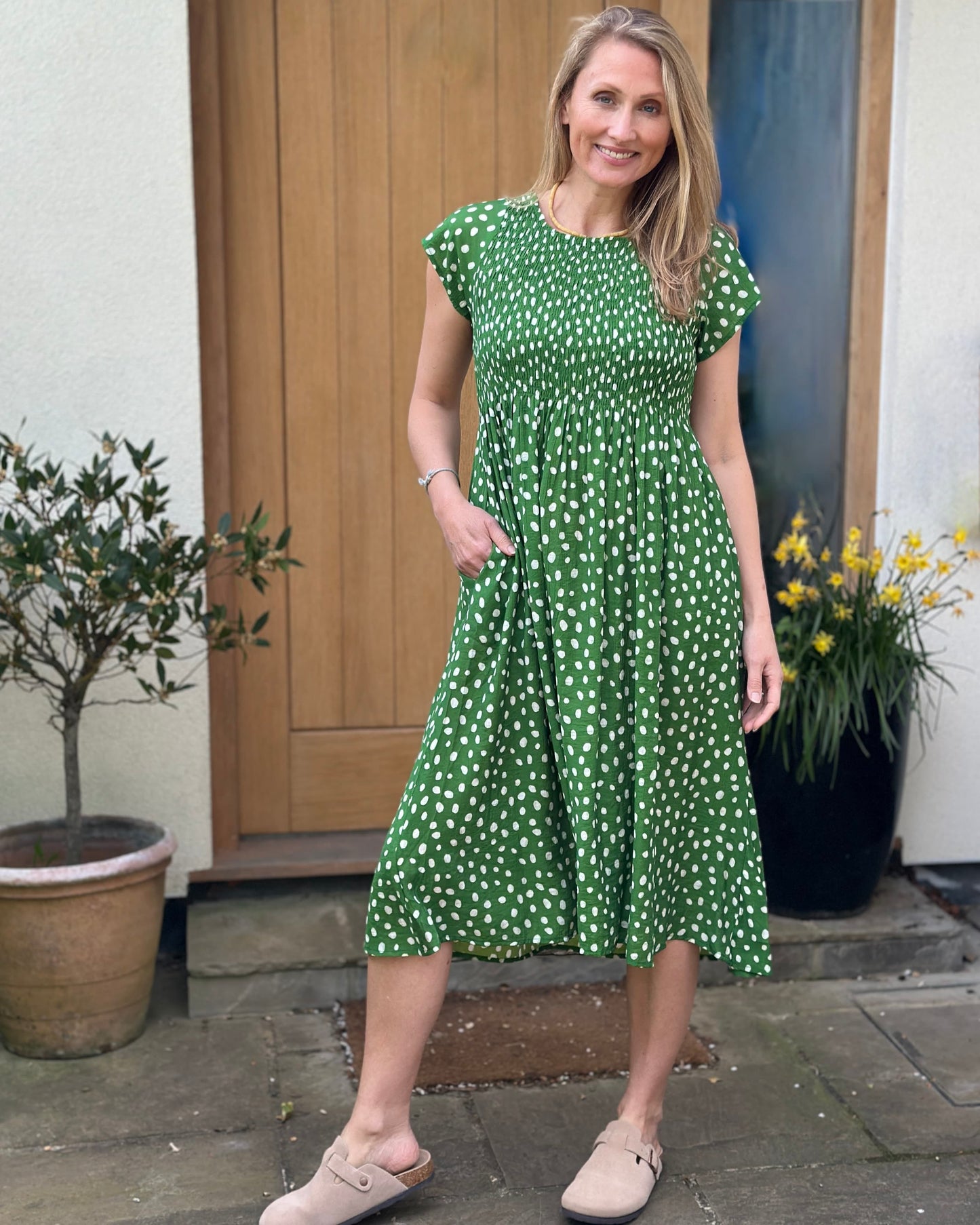 Clothing Smudge Spot Short Sleeve Shirring Dress - Green