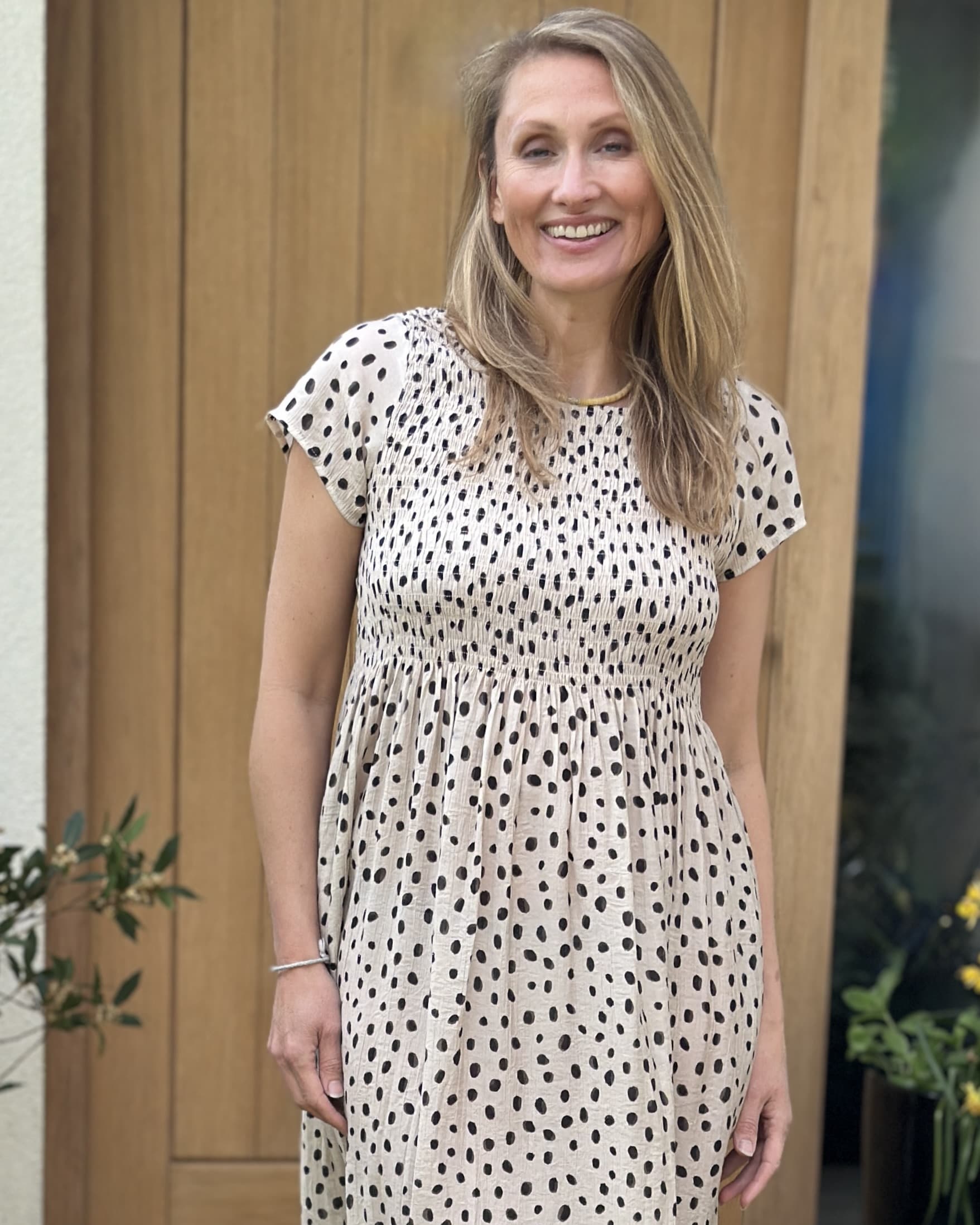 Clothing Smudge Spot Short Sleeve Shirring Dress - Ivory