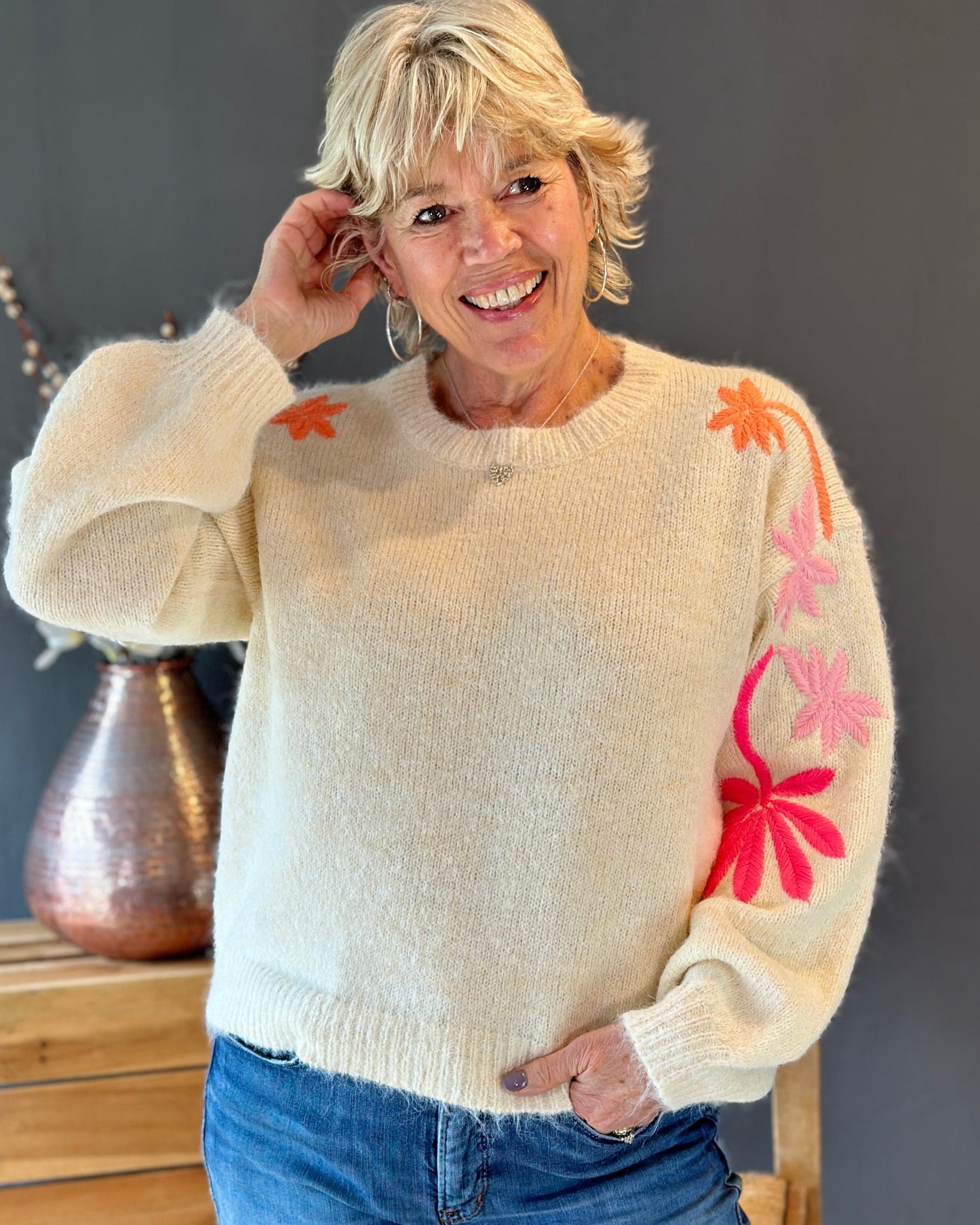 Clothing Soft Knit Jumper With  Embroidered Sleeves - Cream