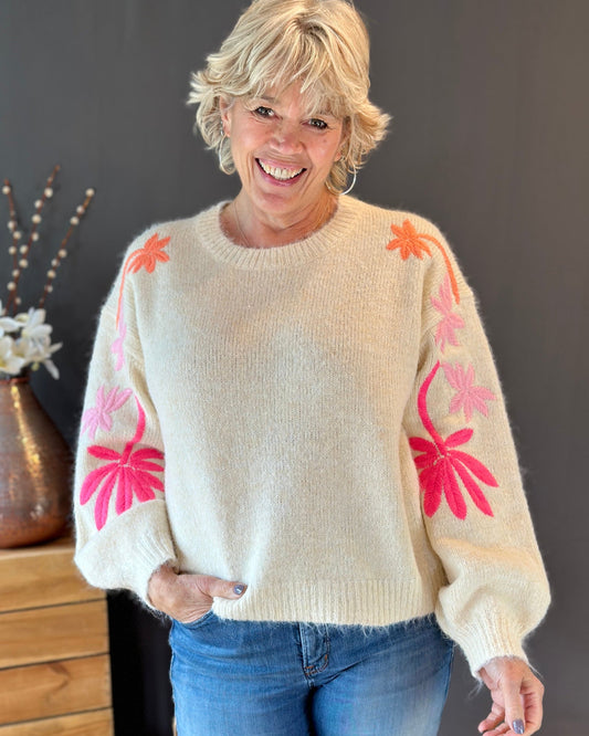 Clothing Soft Knit Jumper With  Embroidered Sleeves - Cream