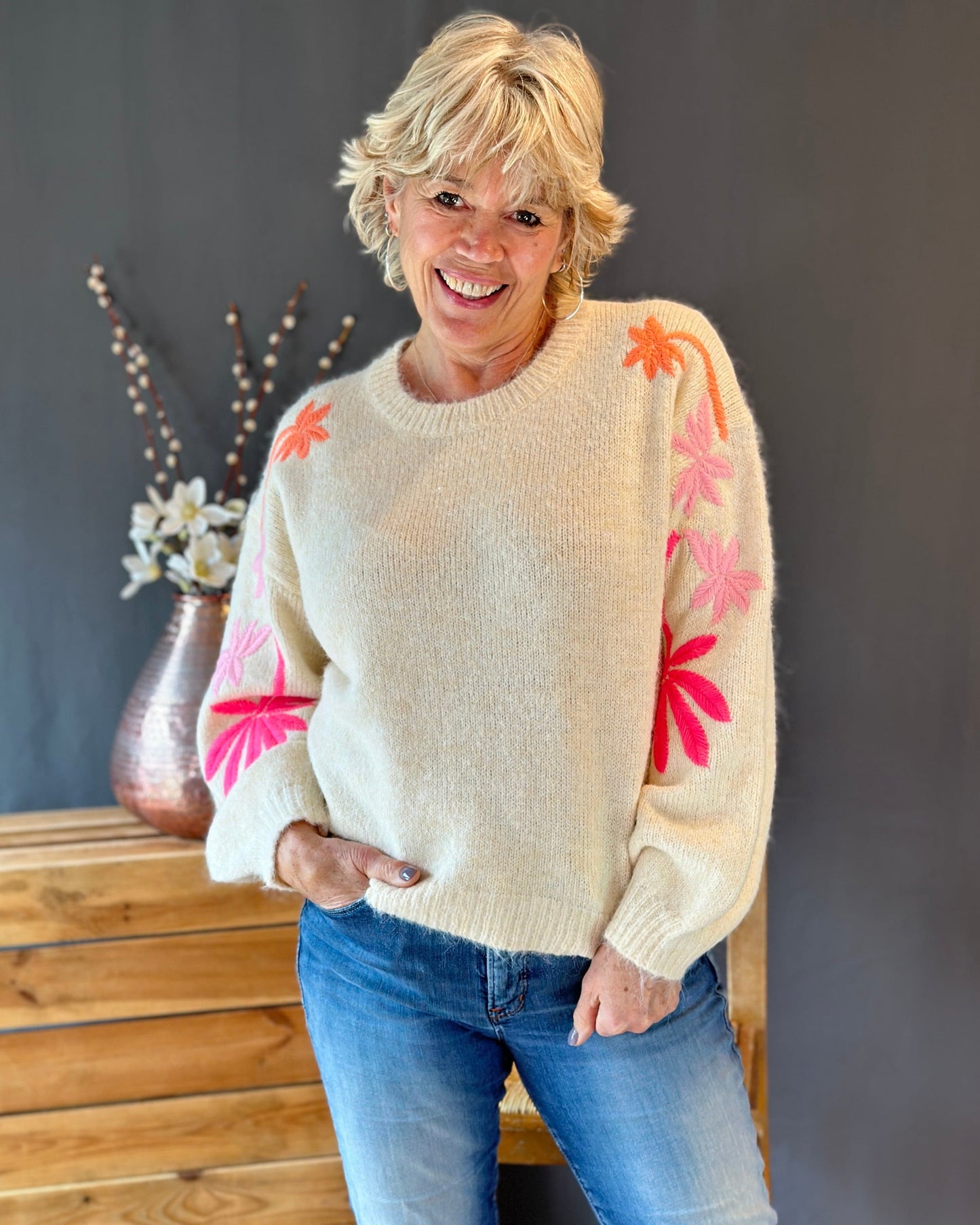 Clothing Soft Knit Jumper With  Embroidered Sleeves - Cream