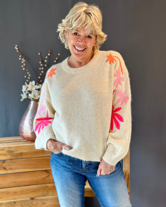 Clothing Soft Knit Jumper With  Embroidered Sleeves - Cream