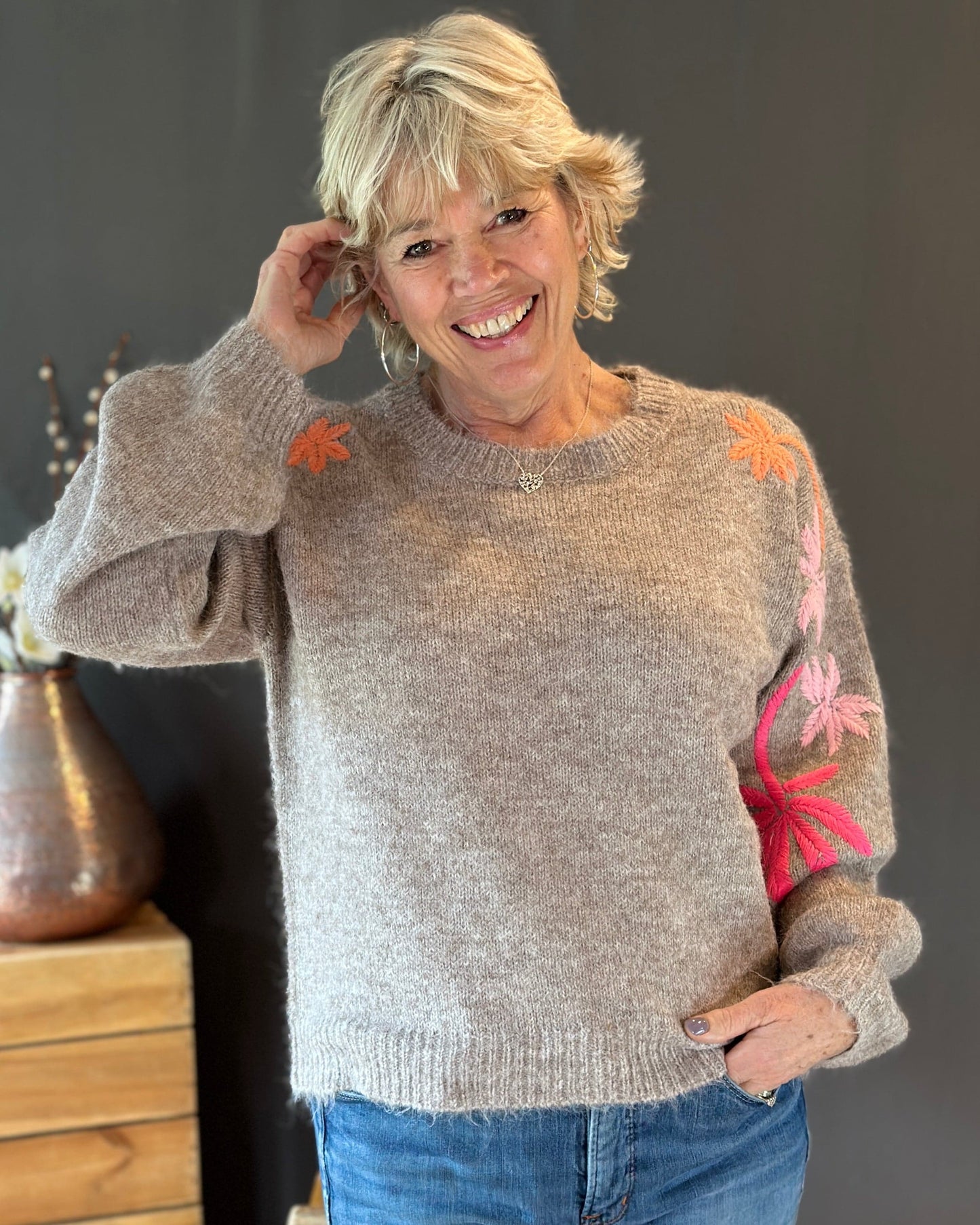 Clothing Soft Knit Jumper With  Embroidered Sleeves - Taupe