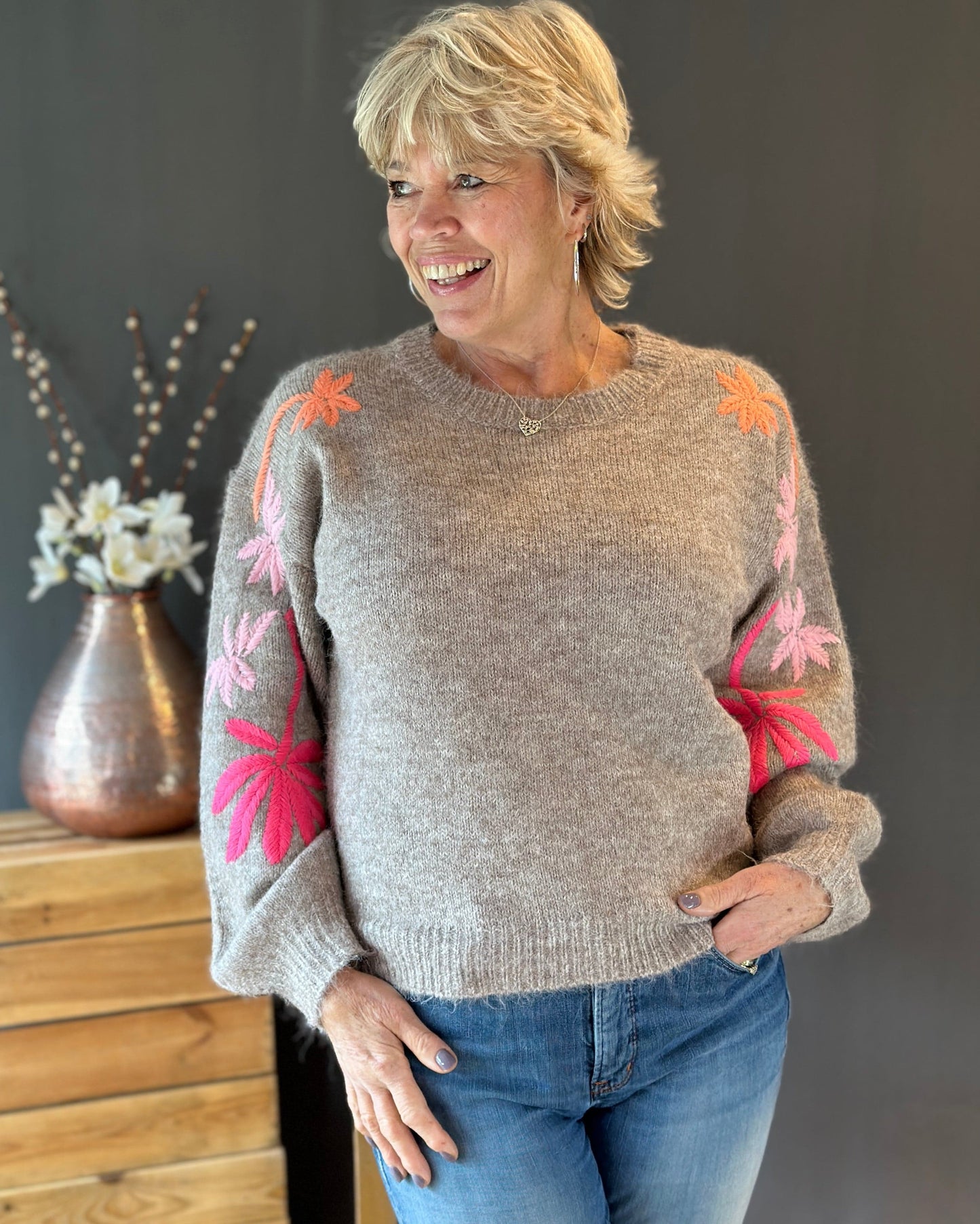 Clothing Soft Knit Jumper With  Embroidered Sleeves - Taupe