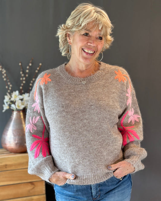 Clothing Soft Knit Jumper With  Embroidered Sleeves - Taupe