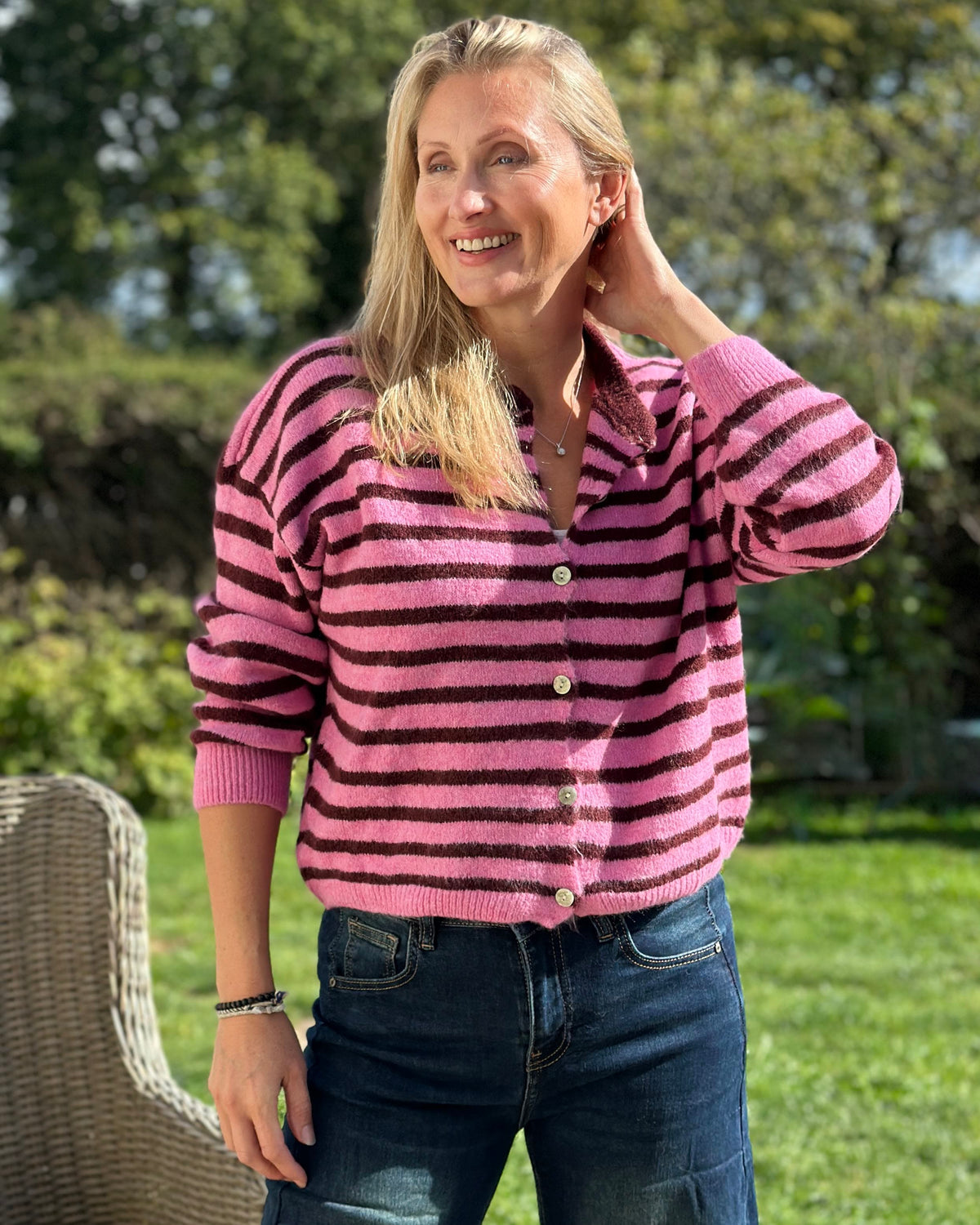 Clothing Soft Knit Striped Alpaca Cardigan - Burgundy/Pink