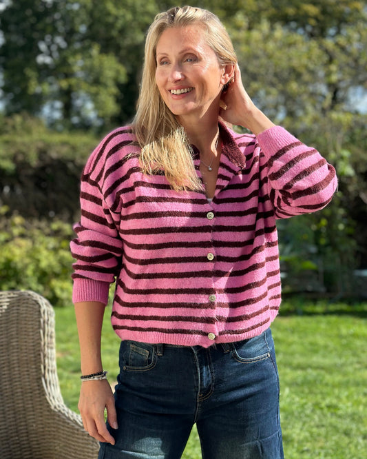 Clothing Soft Knit Striped Alpaca Cardigan - Burgundy/Pink