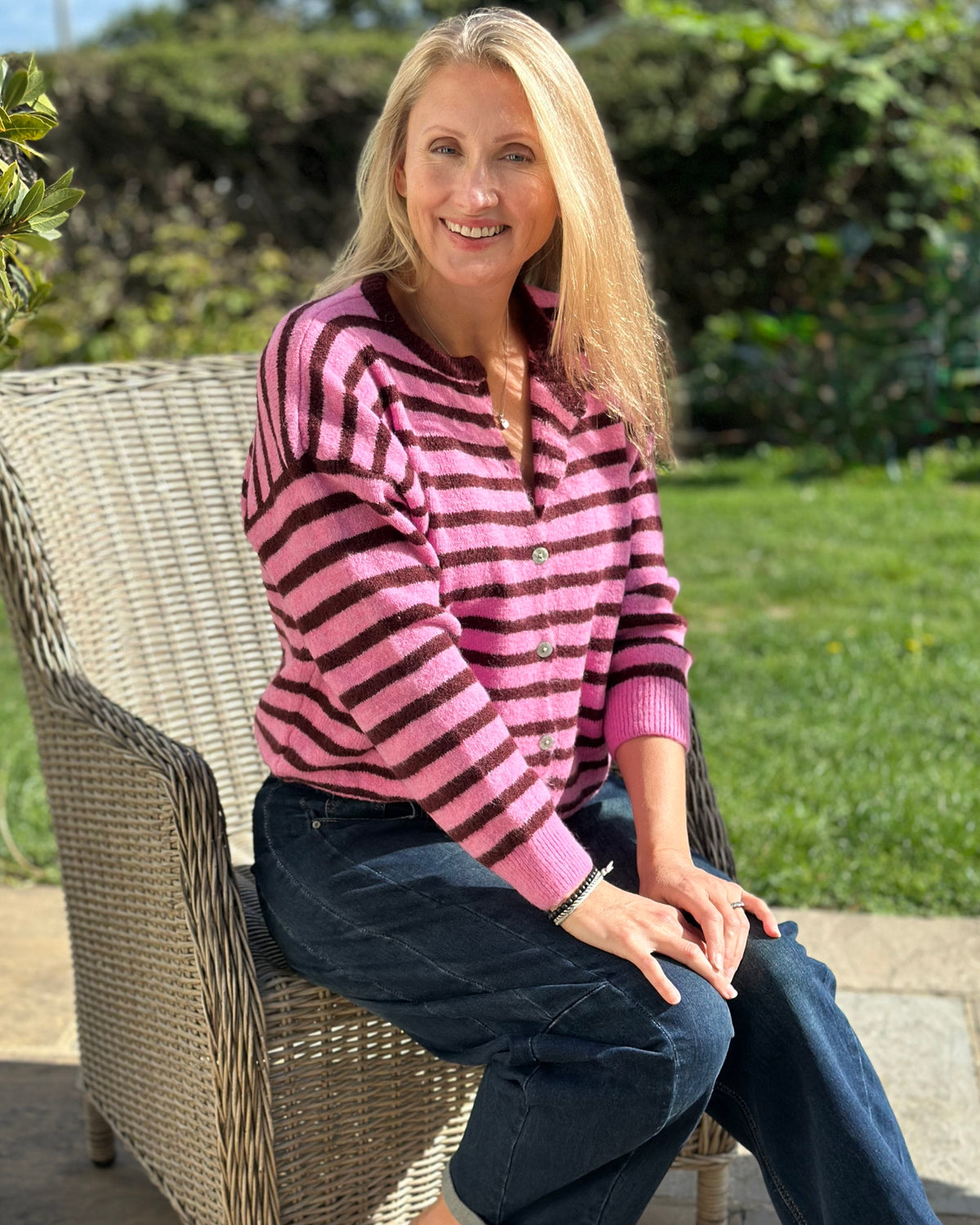 Clothing Soft Knit Striped Alpaca Cardigan - Burgundy/Pink
