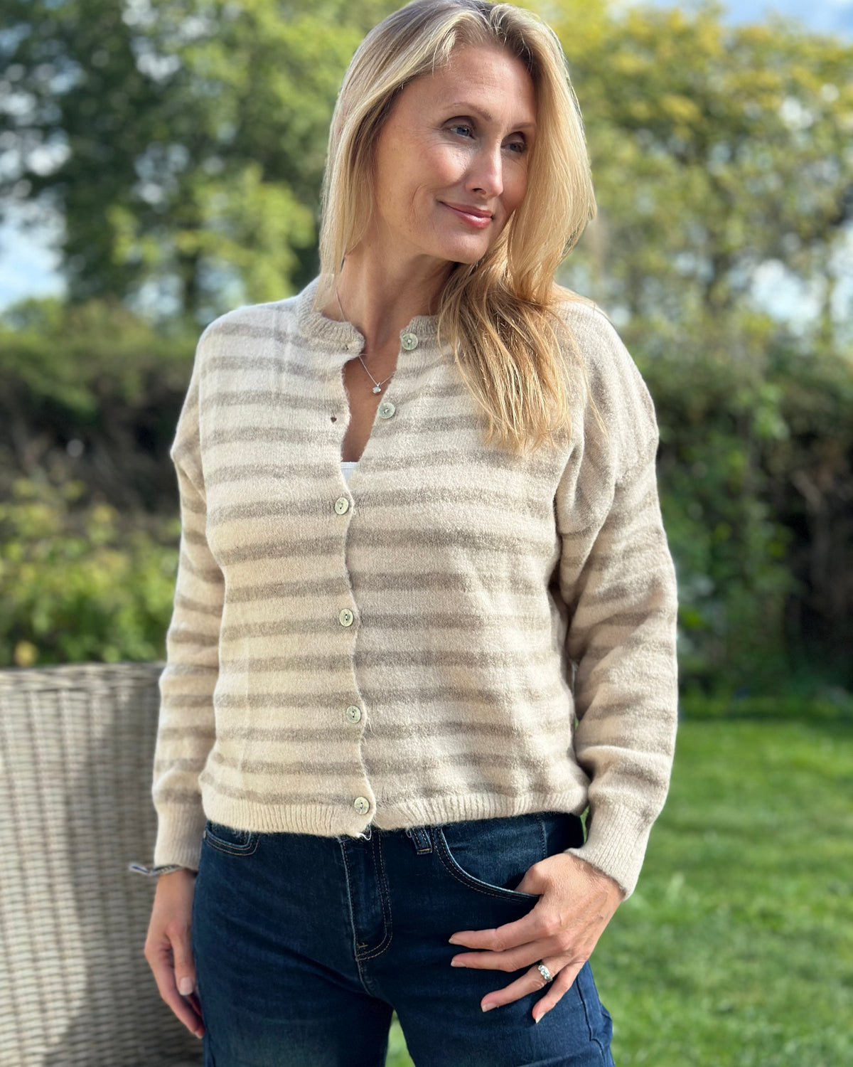 Clothing Soft Knit Striped Alpaca Cardigan - Oatmeal/Taupe