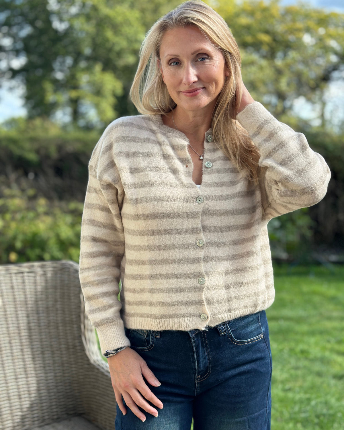 Clothing Soft Knit Striped Alpaca Cardigan - Oatmeal/Taupe