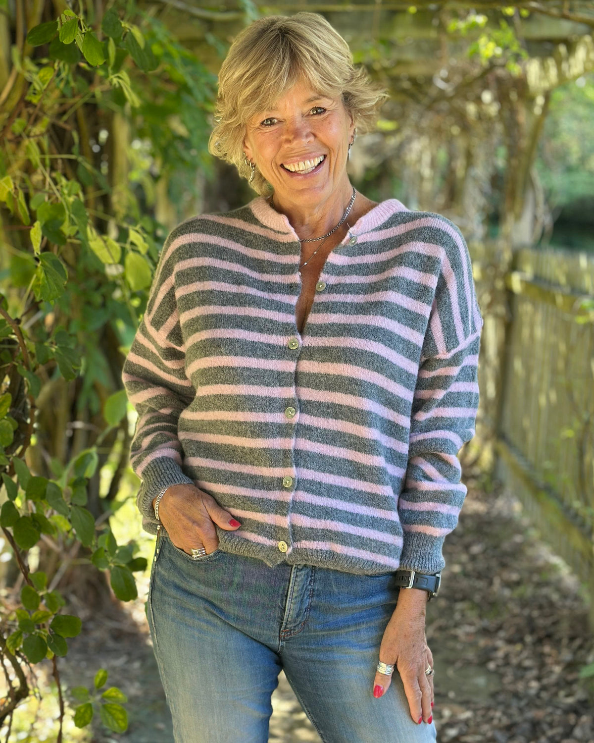 Clothing Soft Knit Striped Alpaca Cardigan - Pink/Grey