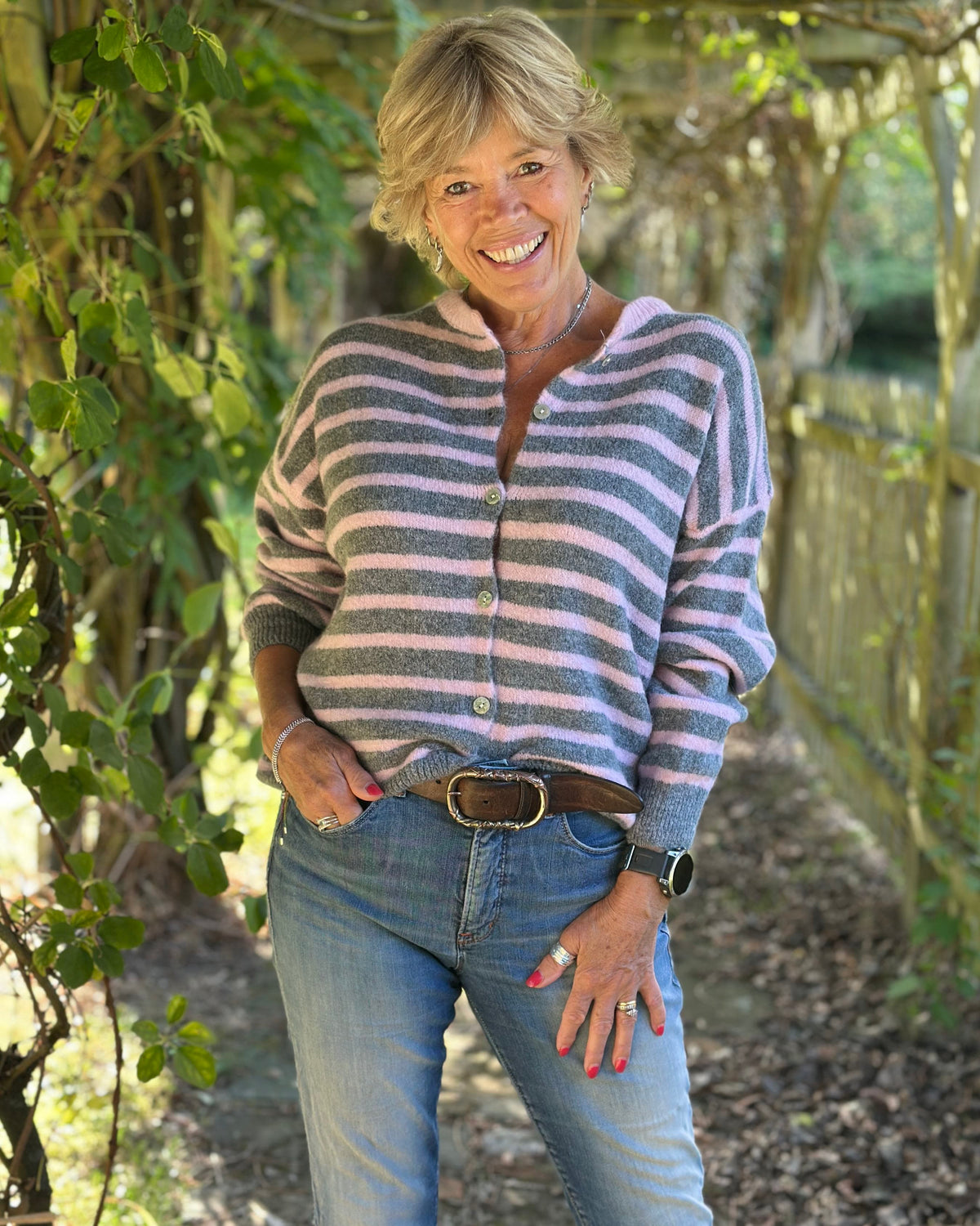Clothing Soft Knit Striped Alpaca Cardigan - Pink/Grey