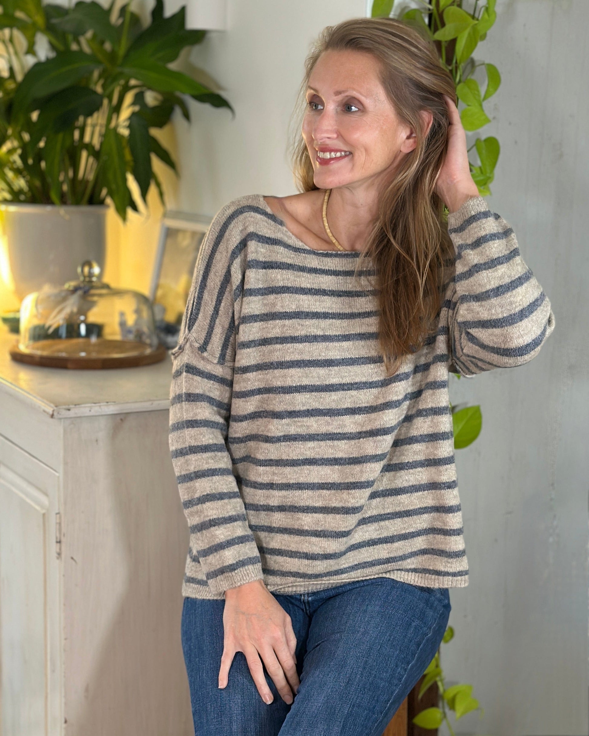 clothing Soft Knit Striped Jumper - Grey/Oatmeal
