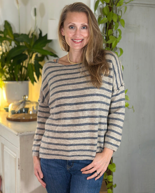 clothing Soft Knit Striped Jumper - Grey/Oatmeal