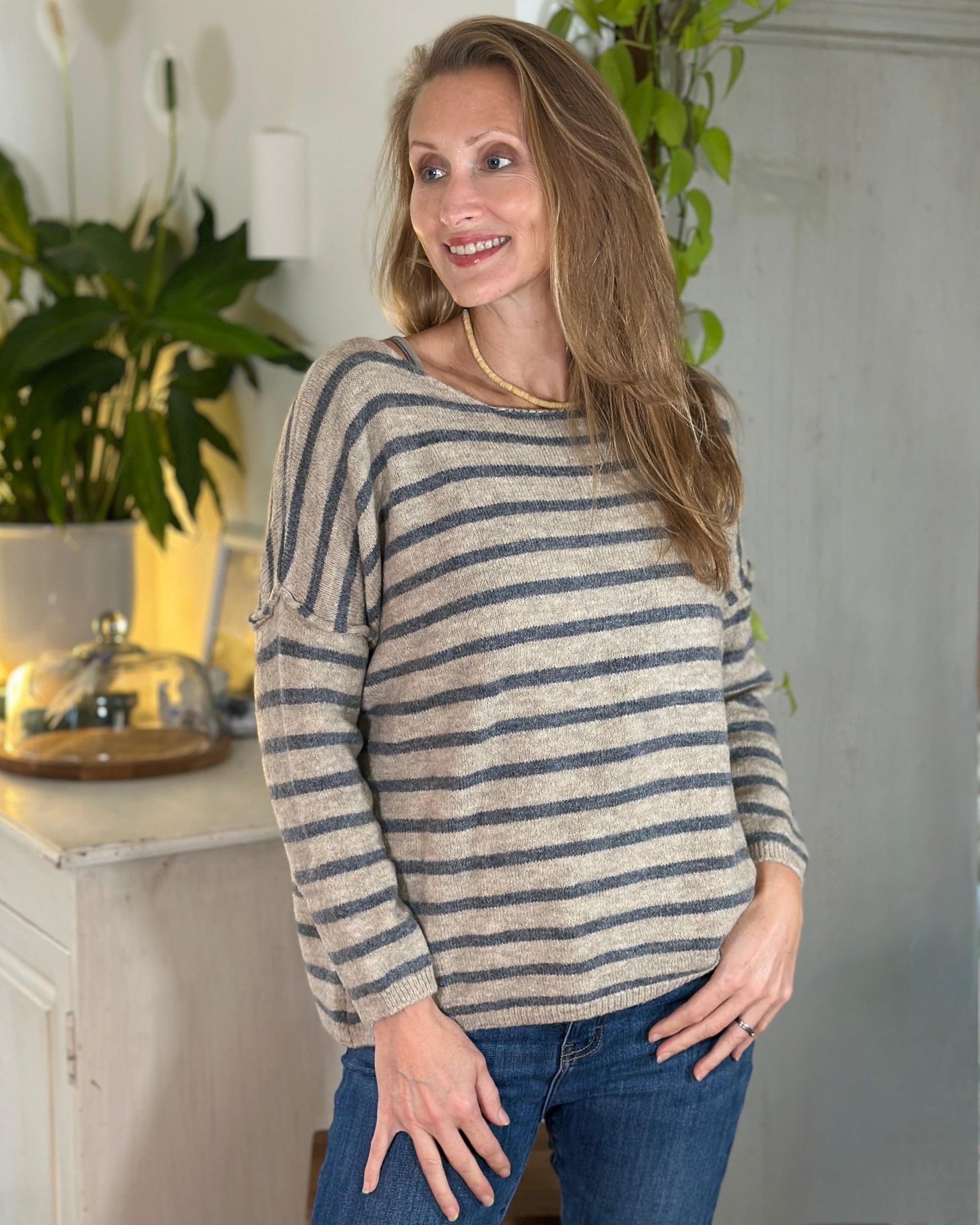 clothing Soft Knit Striped Jumper - Grey/Oatmeal