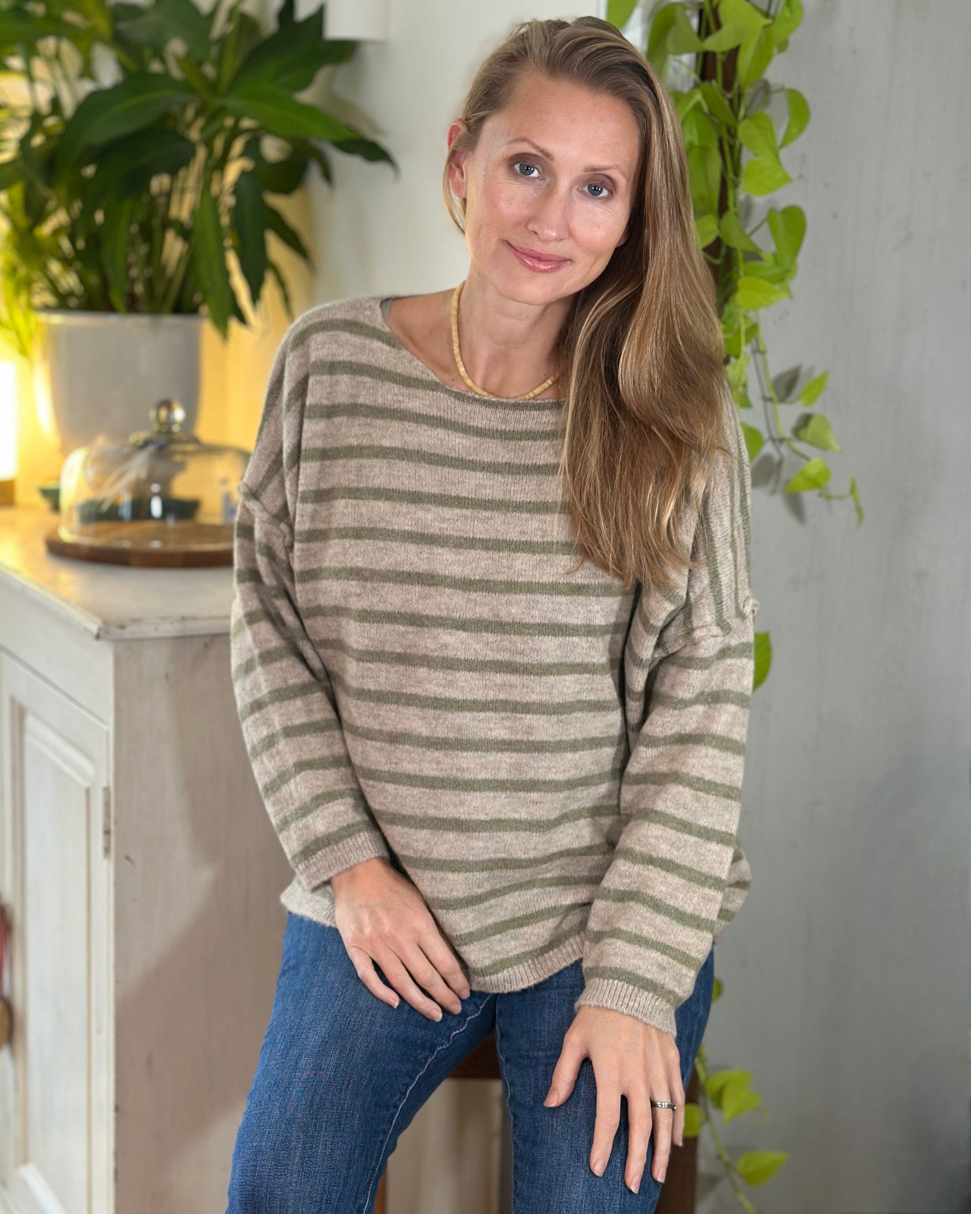 clothing Soft Knit Striped Jumper - Khaki/Oatmeal