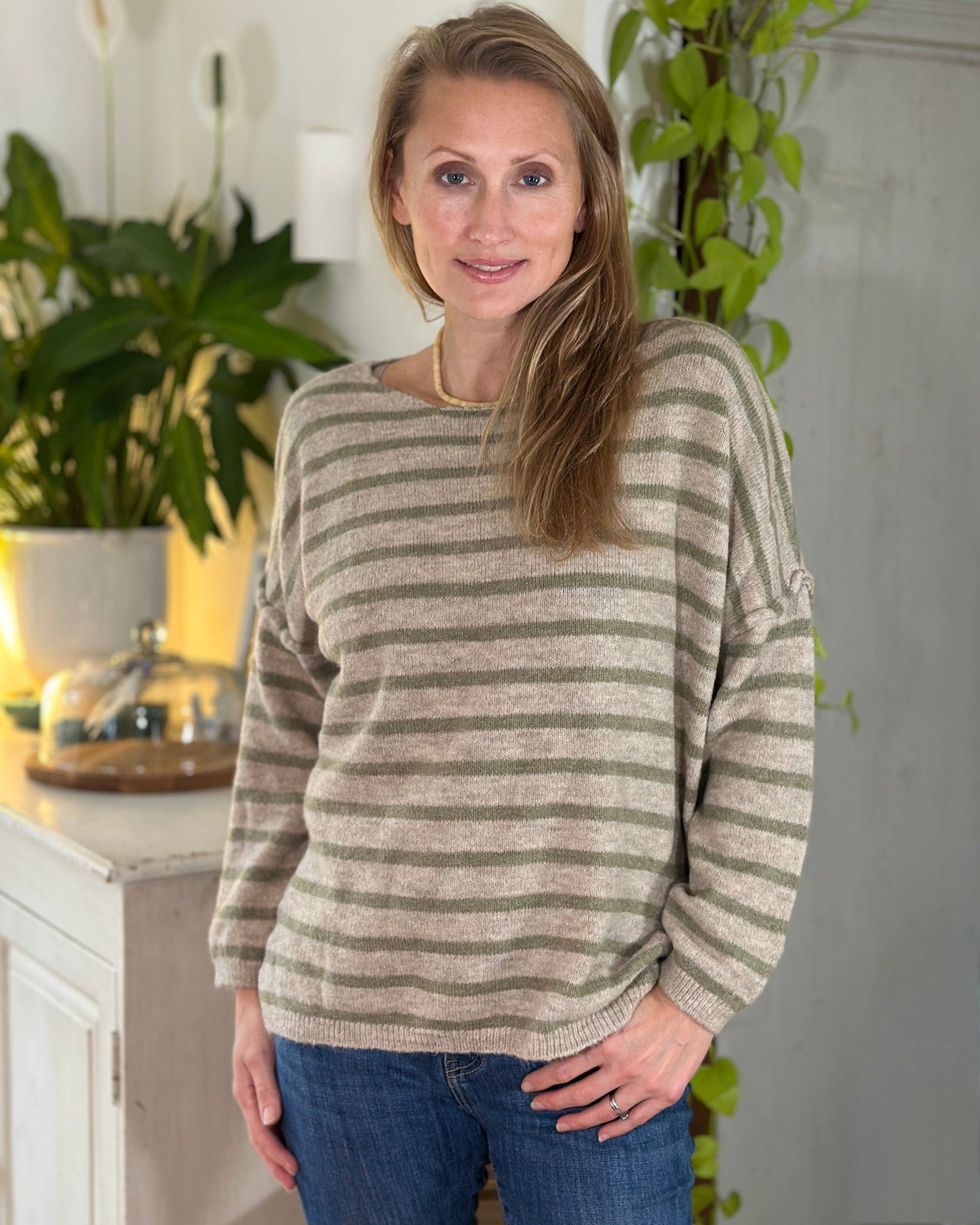 clothing Soft Knit Striped Jumper - Khaki/Oatmeal