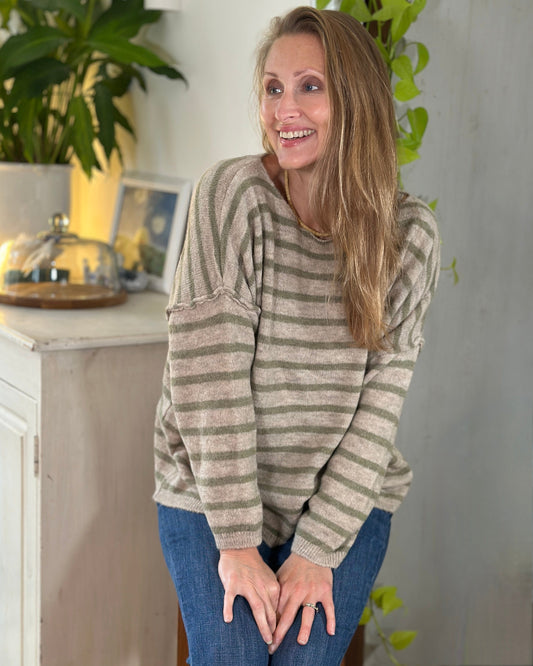 clothing Soft Knit Striped Jumper - Khaki/Oatmeal