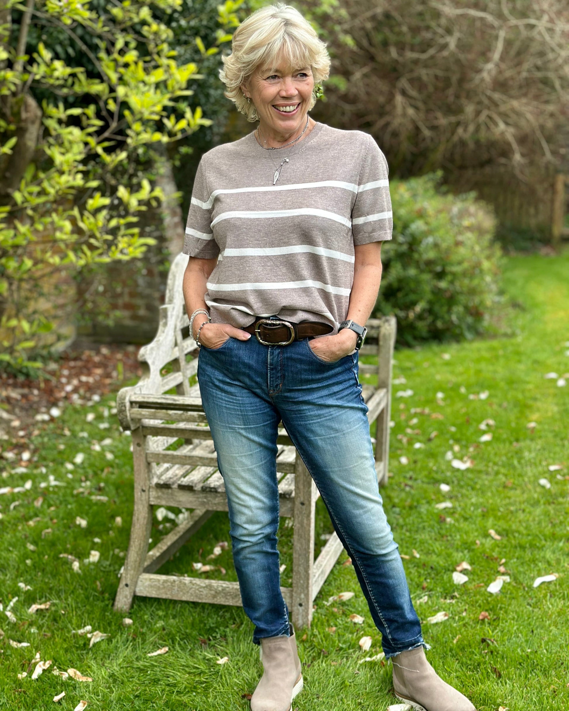 Clothing Soft Knit Striped Short Sleeve Jumper - Mink