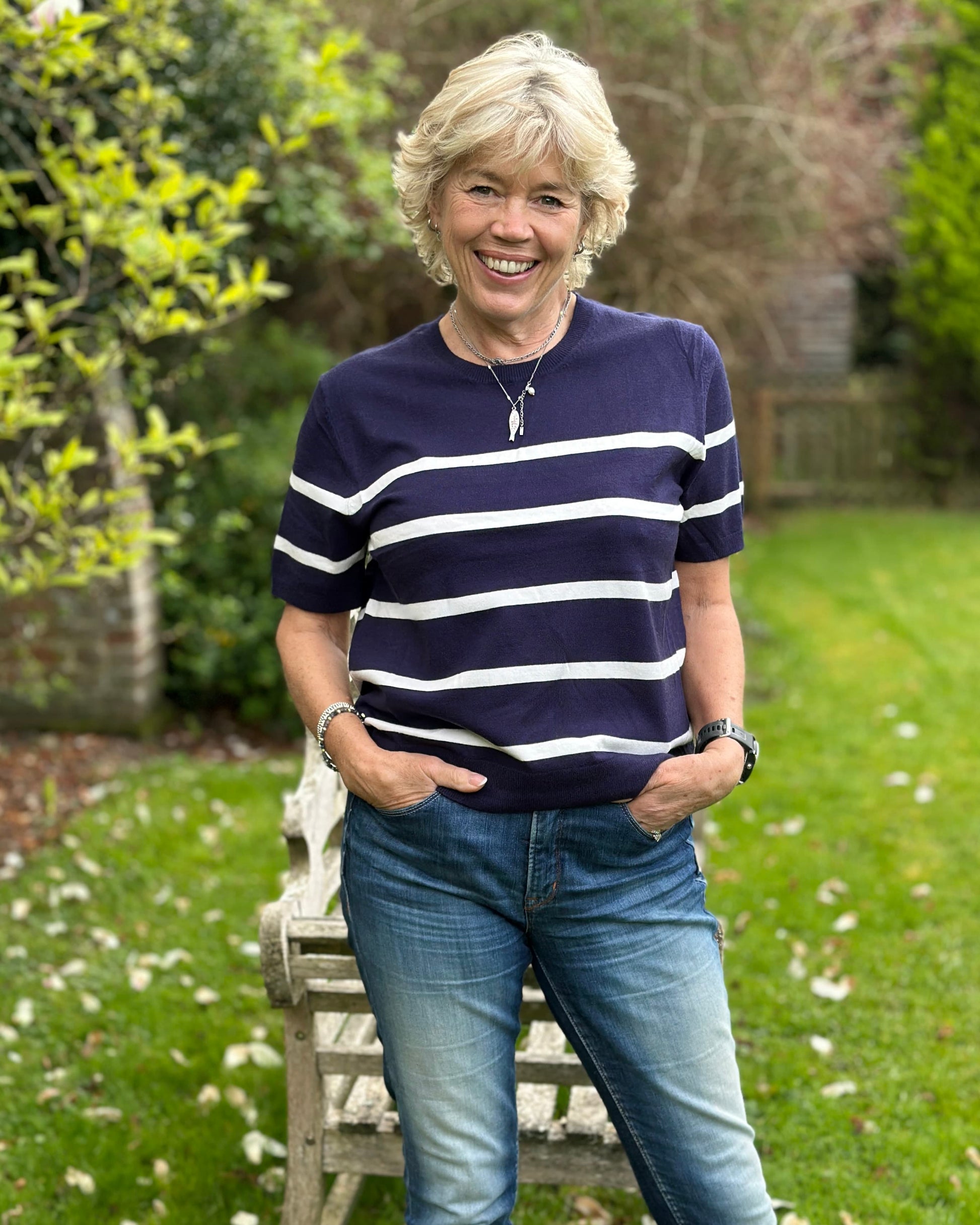 Clothing Soft Knit Striped Short Sleeve Jumper - Navy